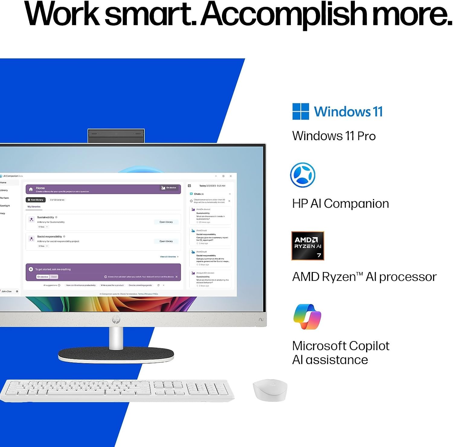 HP 27" All-in-One Touchscreen Desktop Computer, Next Gen AI PC, AMD Ryzen AI 7 350 (8-Core), 64GB DDR5, 4TB SSD, Webcam, Wi-Fi 6, Bluetooth 5.4, Wireless Keyboard & Mouse, Windows 11 Pro, Accessories