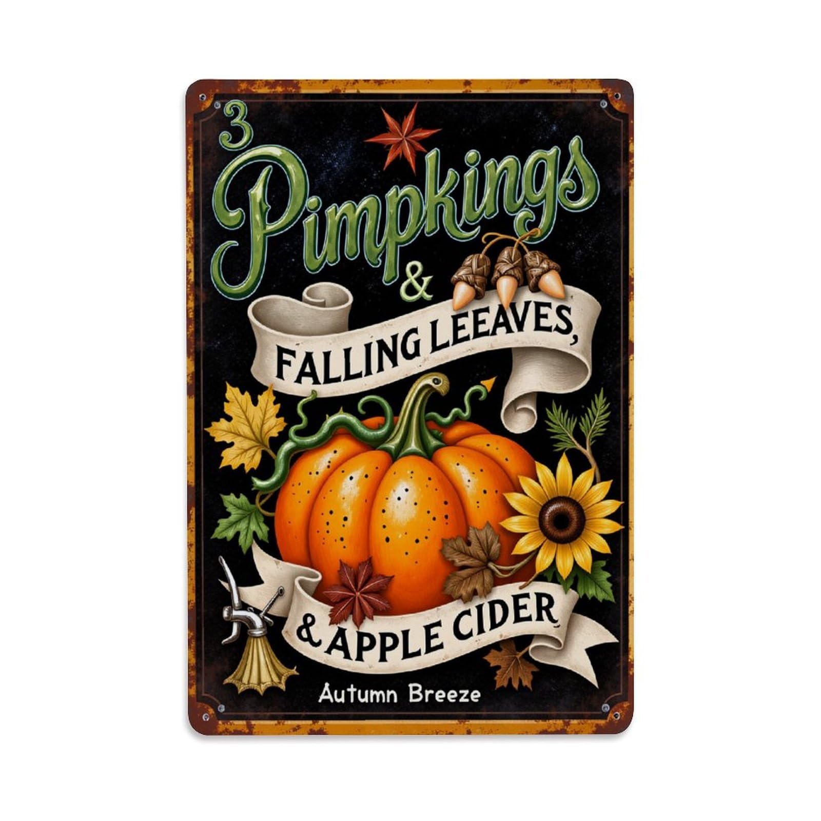 Pumpkin Leaves Sunflower Acorns Cider Vintage Tin Sign Retro Metal Wall Decor Metal Poster, Home Bar Garage Farmhouse Cafe Wall Art Decoration 8x12Inches