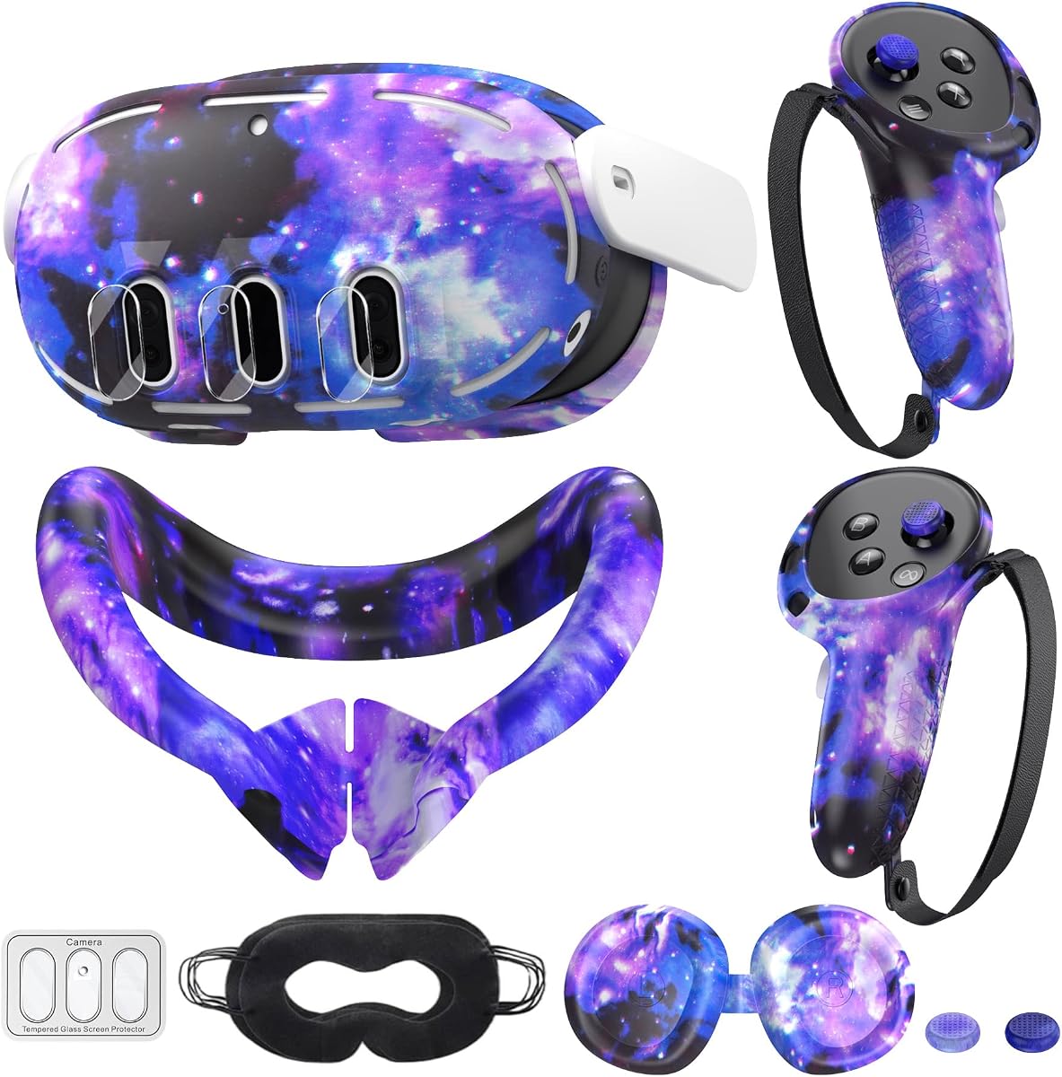 Compatible with Meta Quest 3 Accessories, VR Silicone Face Cover, VR Shell Cover,Touch Controller Grip Cover,Camera Lens Protector Set Compatible with Oculus Quest 3 (Starry Purple)