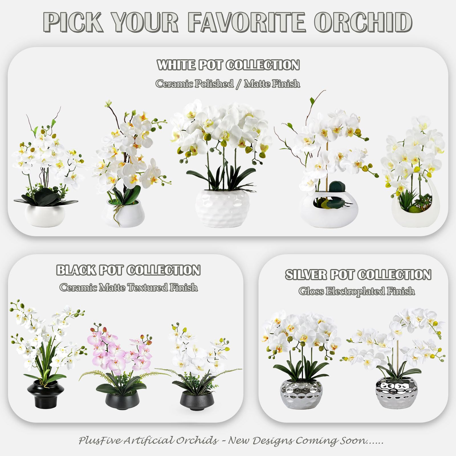 PlusFive Orchidea Finta Realistica Bianca 48 cm, Orchidee Finte, Orchidee Artificiali con vaso, Fiore di Orchidea Artificiale, Pianta Finta da Interno, Regalo Inaugurazione Casa, Soggiorno e Ufficio
