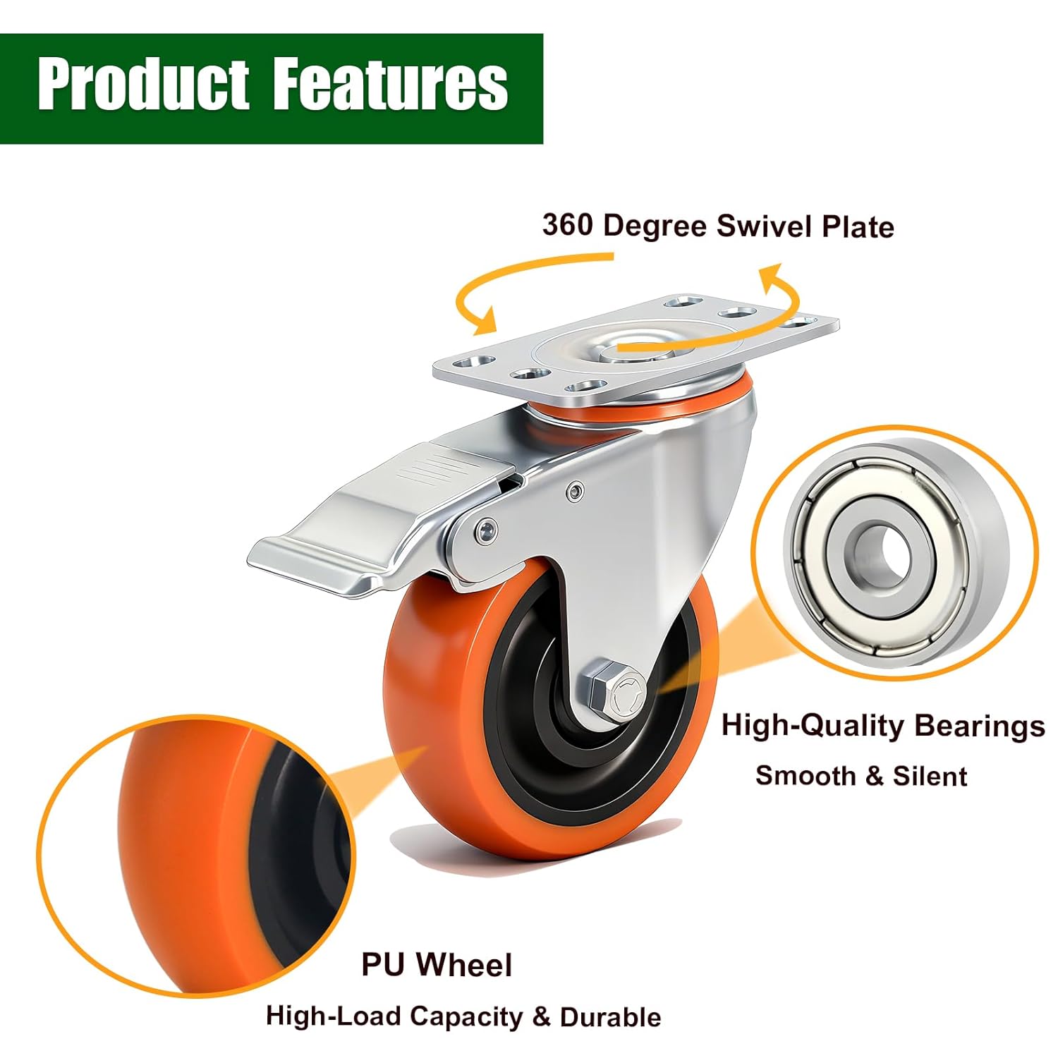 Caster Wheels 4" Inch Heavy Duty Casters Set of 4 with Brake 2200lbs Capacity Swivel Plate Industrial PU Wheel Locking Casters Quiet No Scratch for Cart, Furniture, Cabinet, Workbench