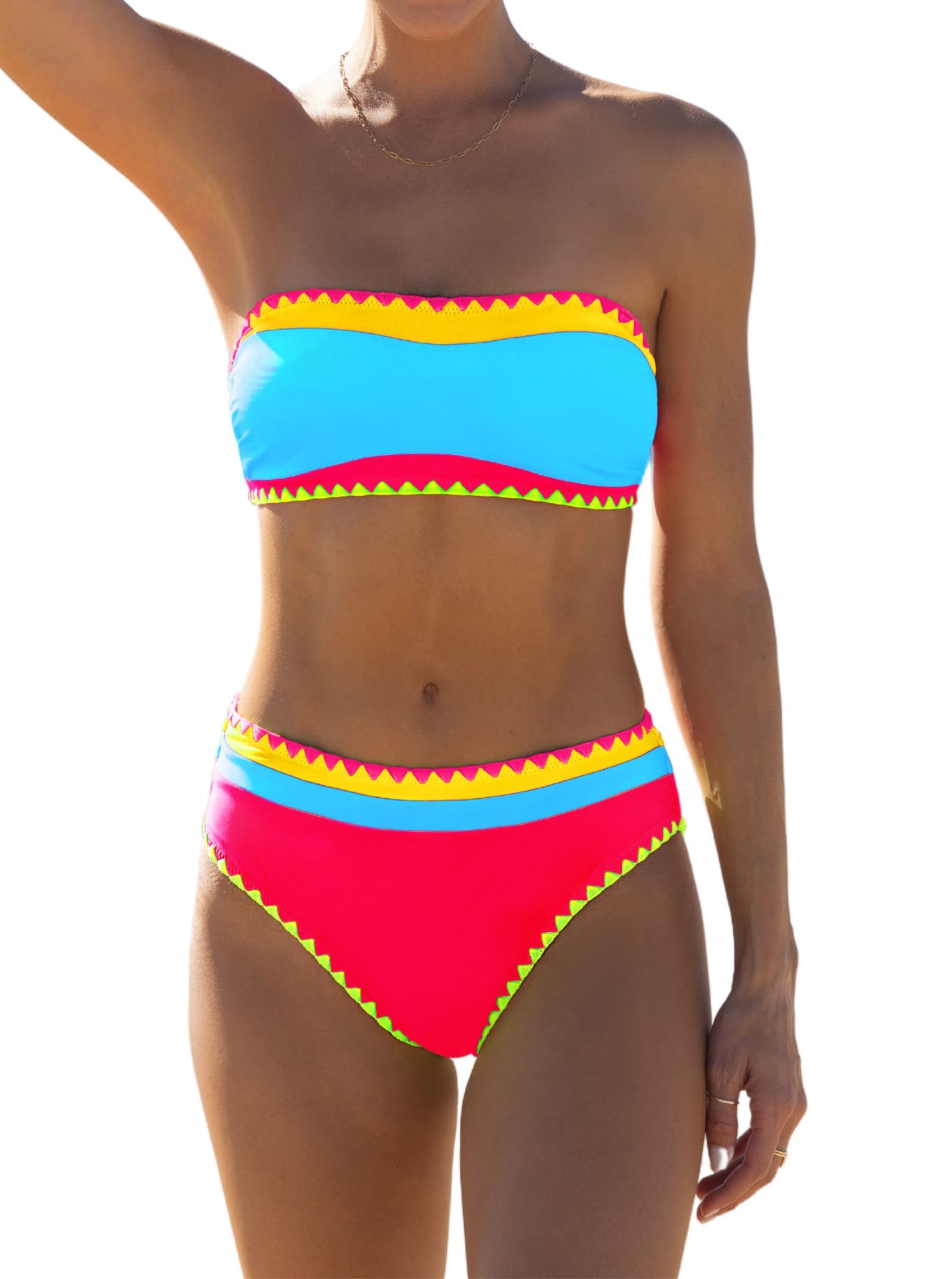 popvil Ensemble bikini sans bretelles pour femme - Couleurs fluo - Bandeau - Maillot de bain deux pièces pour vacances à la plage 2025