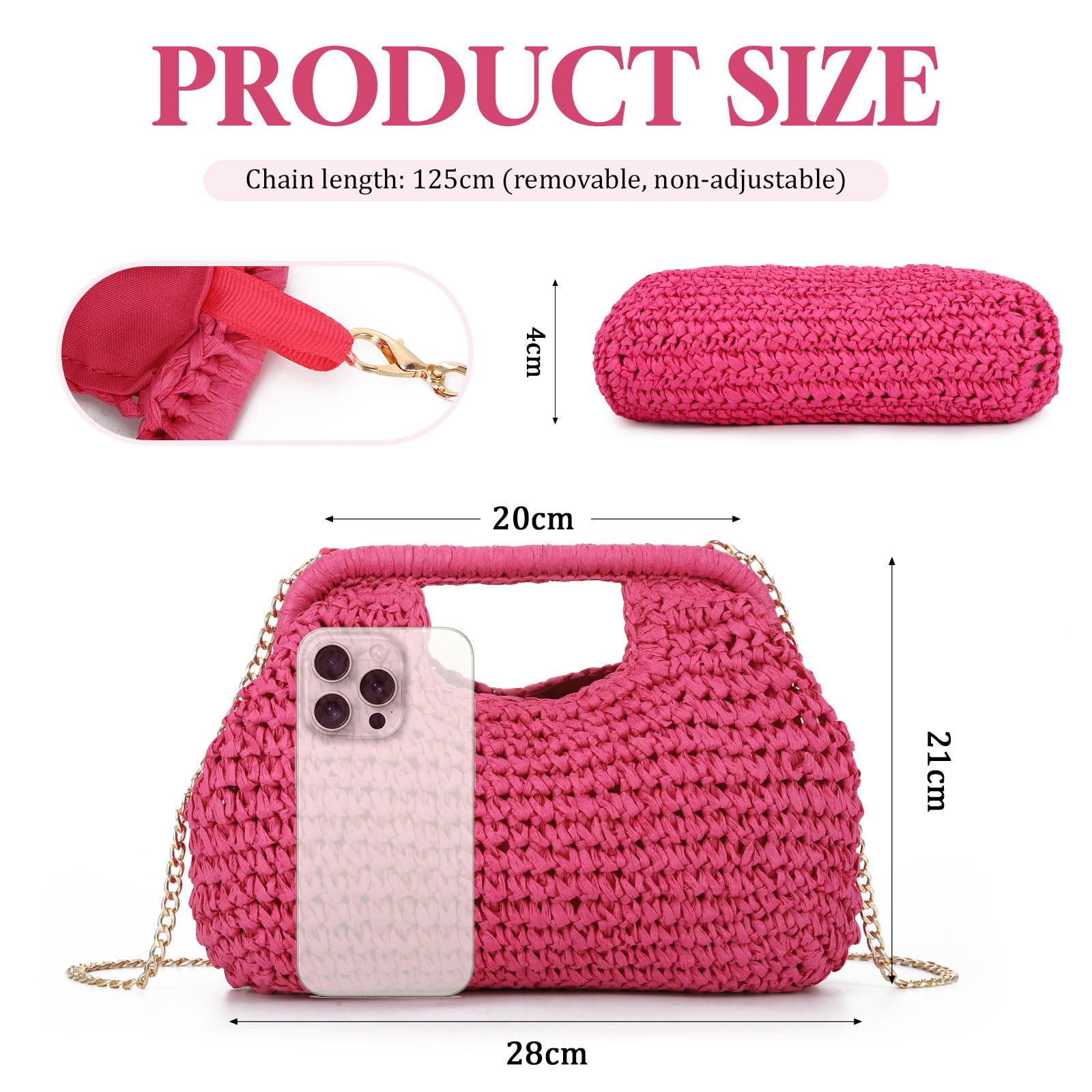 EVEOUT Pochette en Paille Tressé Femme Clutch de Fête Soirée en Faux Raphia avec Chaîne été Boho Chic Sac à main Tissé pour Plage,Vacances