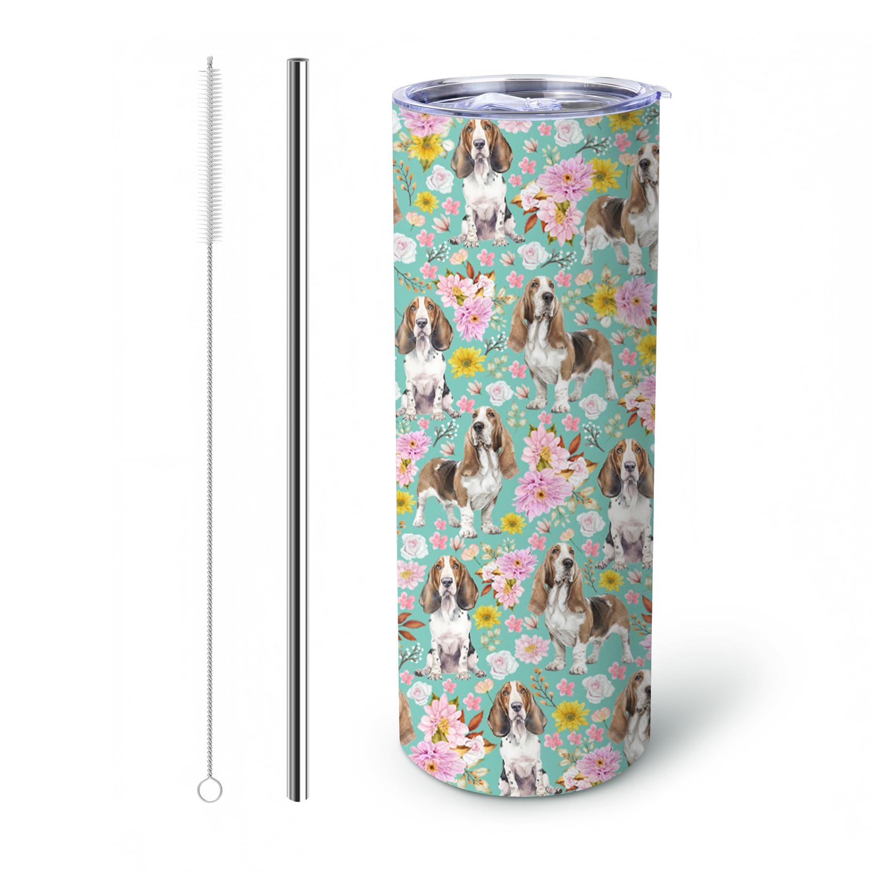 Basset Hound Gifts for Women, 20oz Stainless Steel Insulated Tumbler Travel Mug Cup with Lid Straw Brush, Gifts for Dog Mom Dog Lover