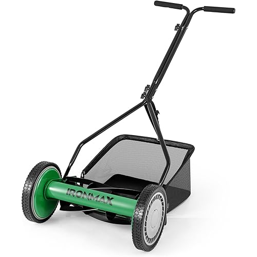 Goplus Manual Lawn Mower, 14 Inch 5-Blade Walk-Behind Cordless Grass Cutter with 7 Gallon Removable Grass Collect Bag, Adjustable Cutting Heights, Push Reel Lawn Mower for Yard, Garden