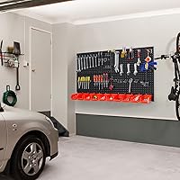 Vista 5 de Organizador de pared perforado Ultrawall, paneles de tablero de clavijas de metal negro, sistema de almacenamiento para garaje con ganchos