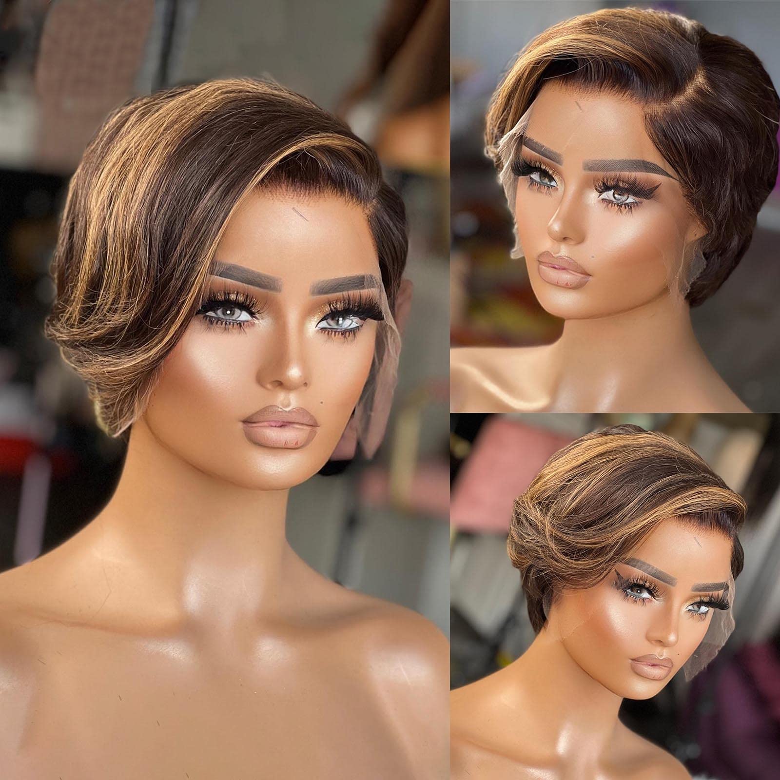 QTIKER 13x4 Pixie Cut Short Bob Wig Highlight Honey Blonde Brown Color Straight Short Bob Transparent Lace Front Human Hair Wigs For Women Brazilian Virgin Hair 150 Density Pre Plucked