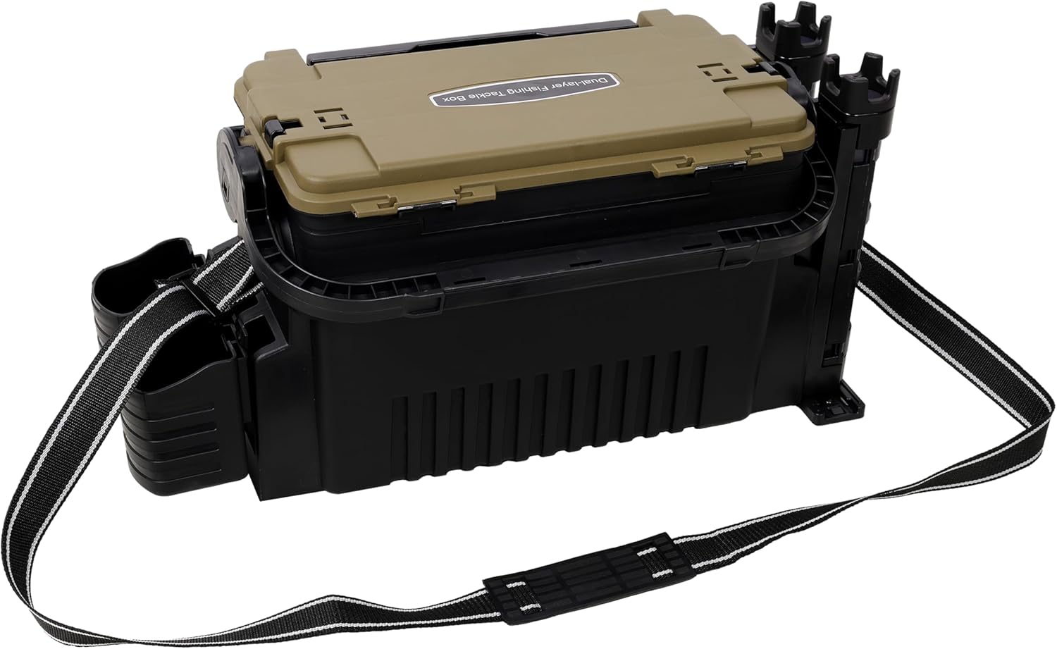 Dual-Layer Fishing Tackle Box Organizer, Large, with 2 Rod Holders, 2 Cup Holders and Carrying Strap (Army Green)