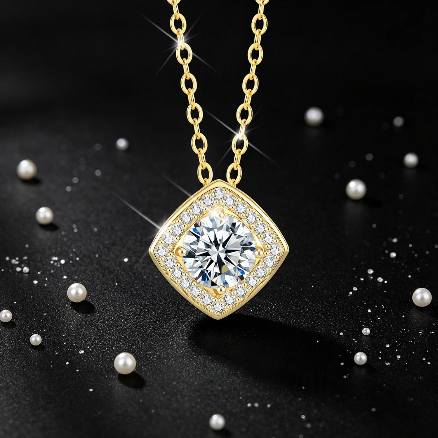 Elegant Square Halo Moissanite Pendant Necklace for Women, 1ct VVS1, 14K Gold Plated, Hypoallergenic, Adjustable 40-45cm Chain, Anti-Tarnish Gift image 5