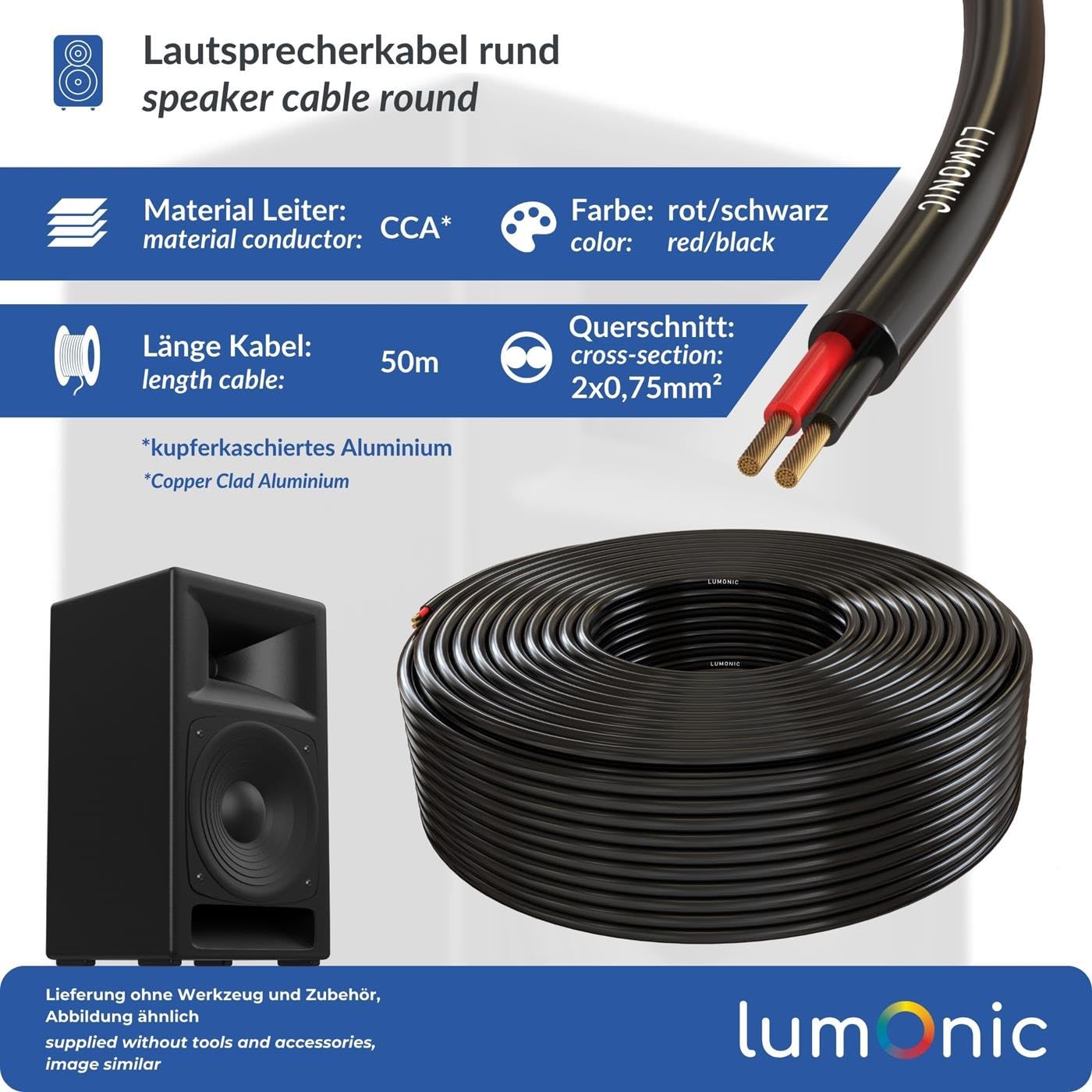 Lumonic Câble de haut-parleur 50m Noir | 2x 0,75mm² CCA | Câble pour enceintes hi-fi | Câble rond audio | Professionnel AP Installation- Audio- Câble rond