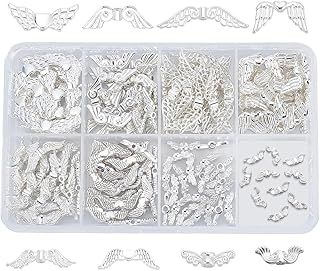 PH PandaHall Angle Wing Beads, 160pcs 8 Styles Wing Spacer Bead Bright Silver Tibetan Style 12~32mm Alloy Retro Fairy Wings Charm Beads for Jewelry Keychain Gift BagTree Hanging