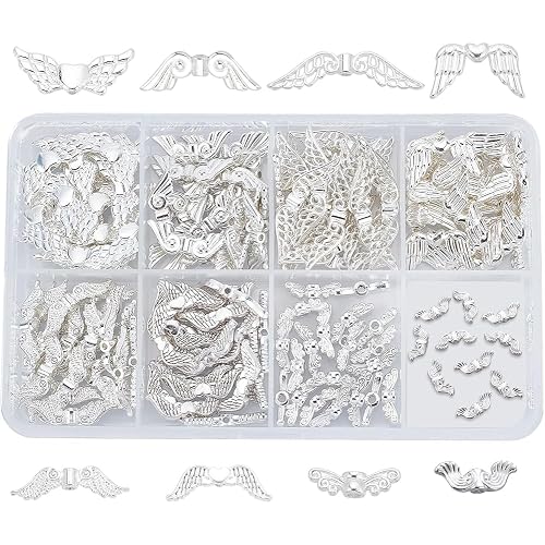 PH PandaHall Angle Wing Beads, 160pcs 8 Styles Wing Spacer Bead Bright Silver Tibetan Style 12~32mm Alloy Retro Fairy Wings Charm Beads for Jewelry Keychain Gift BagTree Hanging