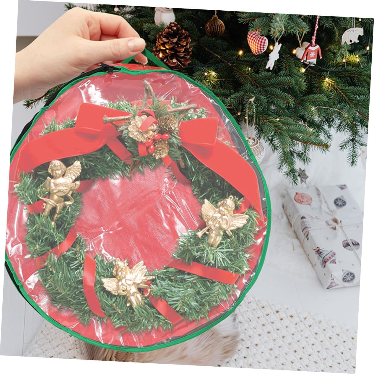 4pcs Large-Capacity Christmas Wreath Storage Bag with Clear Window Xmas Garland Organizer Red Holder for Holiday Decoration Protection and Easy Carry