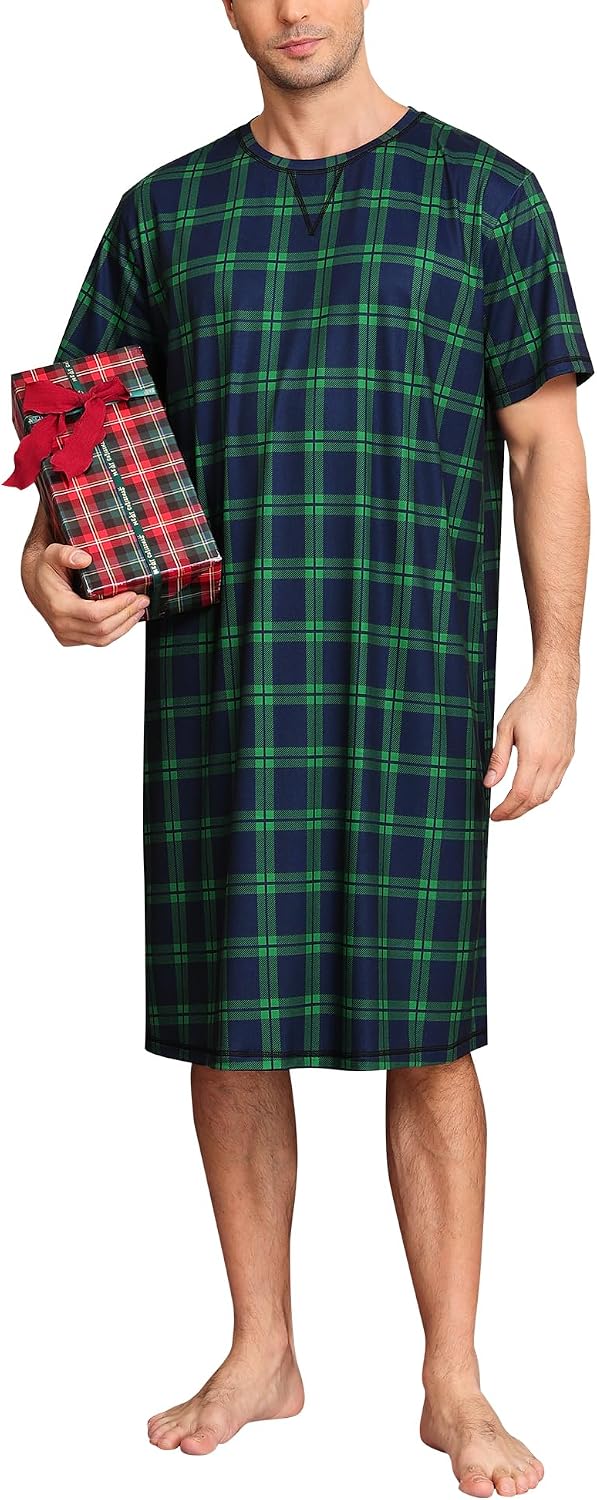 SWOMOG Men's Nightshirt Short Sleeve Nightgown Soft Loose Sleepwear Lightweight Nightwear Comfy Henley Sleep Shirt S-XXL