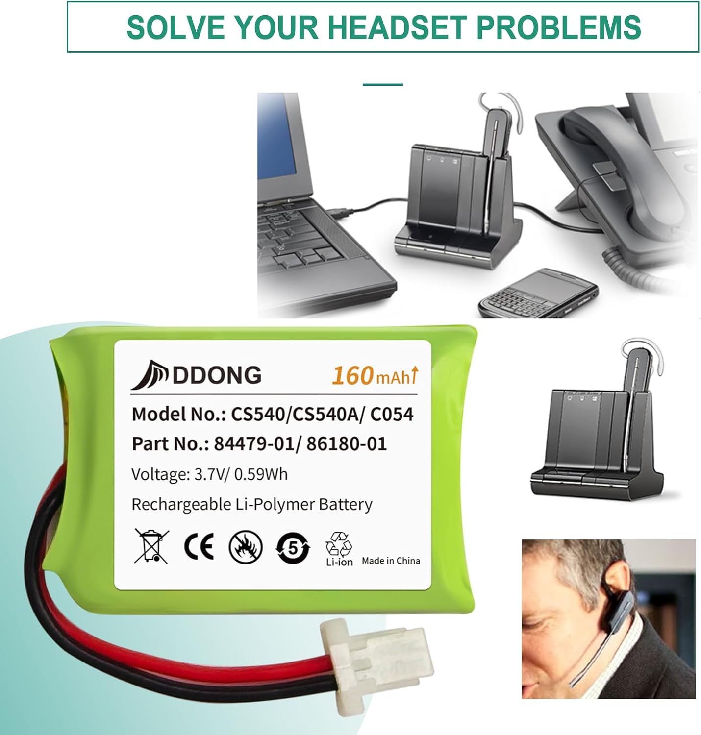 DDONG 6 Pack CS540 Battery 86180-01 84479-01 160mAh for Plantronics C054 CS540A Headset Replacement Battery