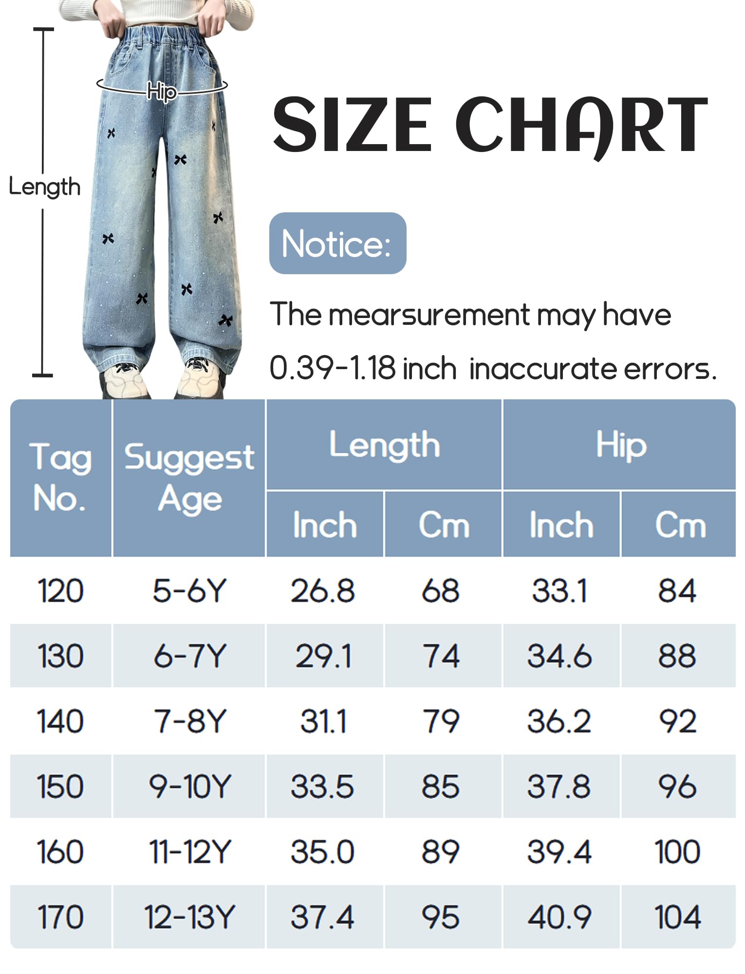 Jeans con Gamba Dritta Ragazza Pantaloni in Denim Elastico in Vita Pantaloni in Cotone Confortevoli Jeans Ricamati Traspirante 5-13 Anni