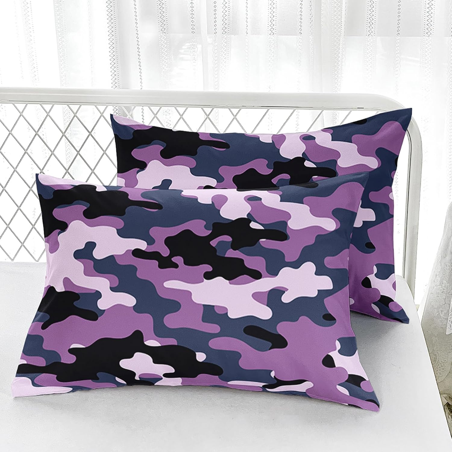 Nttopship Purple Camo Bedding Set Full Size,Black and Violet Camou Camouflage Comforter Set 3Pcs,All Season Lightweight Bedspread for Boy Kids Teens Adults with 2 Pillowcases