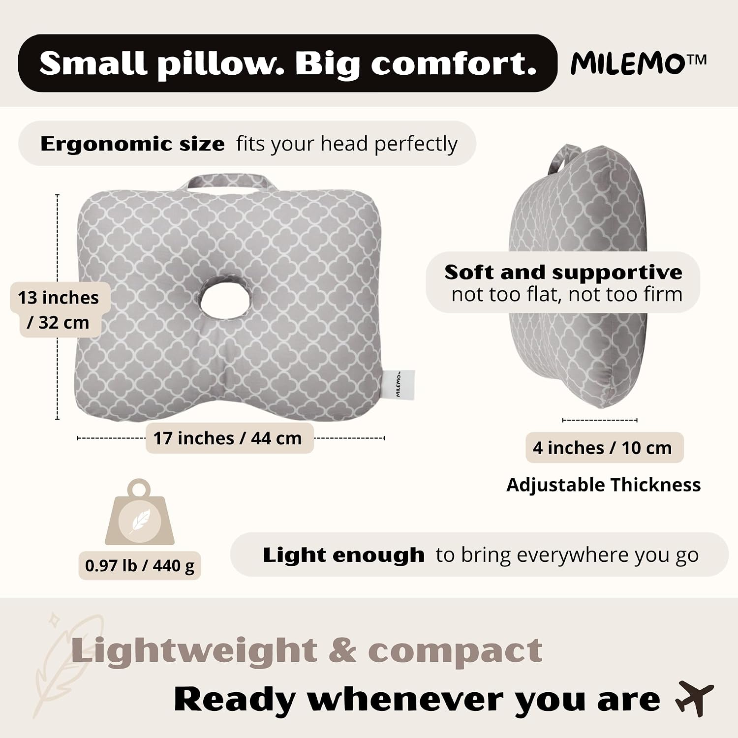 Ear Comfort Travel Pillow with Ear Hole- Side SleepingTravel Cushion with Handle-Lightweight Skin-Friendly Fabric (Light Gray)