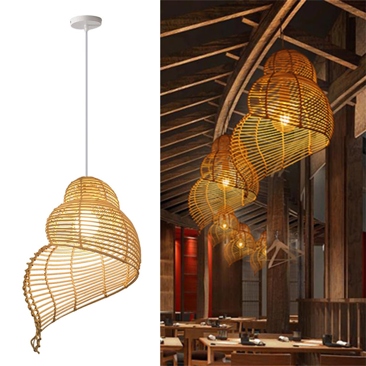 SHUANGZ Kitchen Island Chandelier Adjustable Boho Pendant Light Beige Wicker Lamp Shade for Hotel Conch Lamp 11.8 Inch Handmade Fixtures for Indoor Home Decor Dining Living Room Foyer