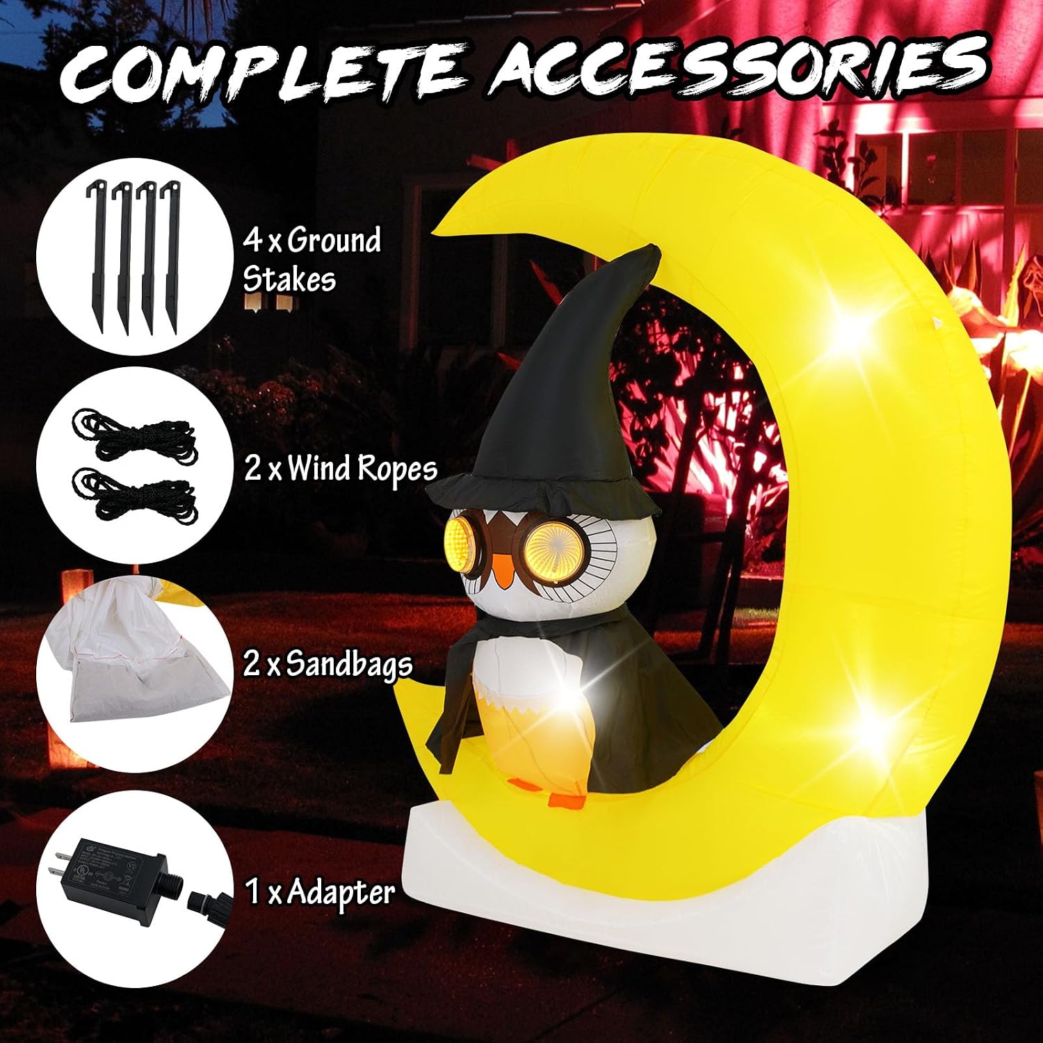 Tangkula 5.1 FT Inflatable Owl on Moon, LED Lighted Halloween Decoration with Large Moon & Wizard Owl, Blow up Giant Holiday Decoration with Stakes & Sandbags for Yard, Lawn
