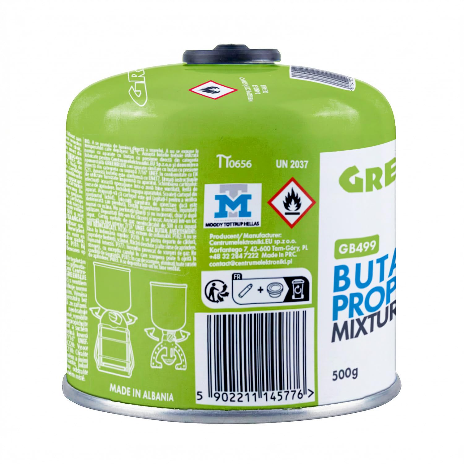 GreenBlue GB499 - Cartuccia gas 500 g (propano/butano) EN417, filettatura 7-16, sistema di sicurezza Gas Stop riutilizzabile, per fornelli da campeggio, bruciatori da esterno