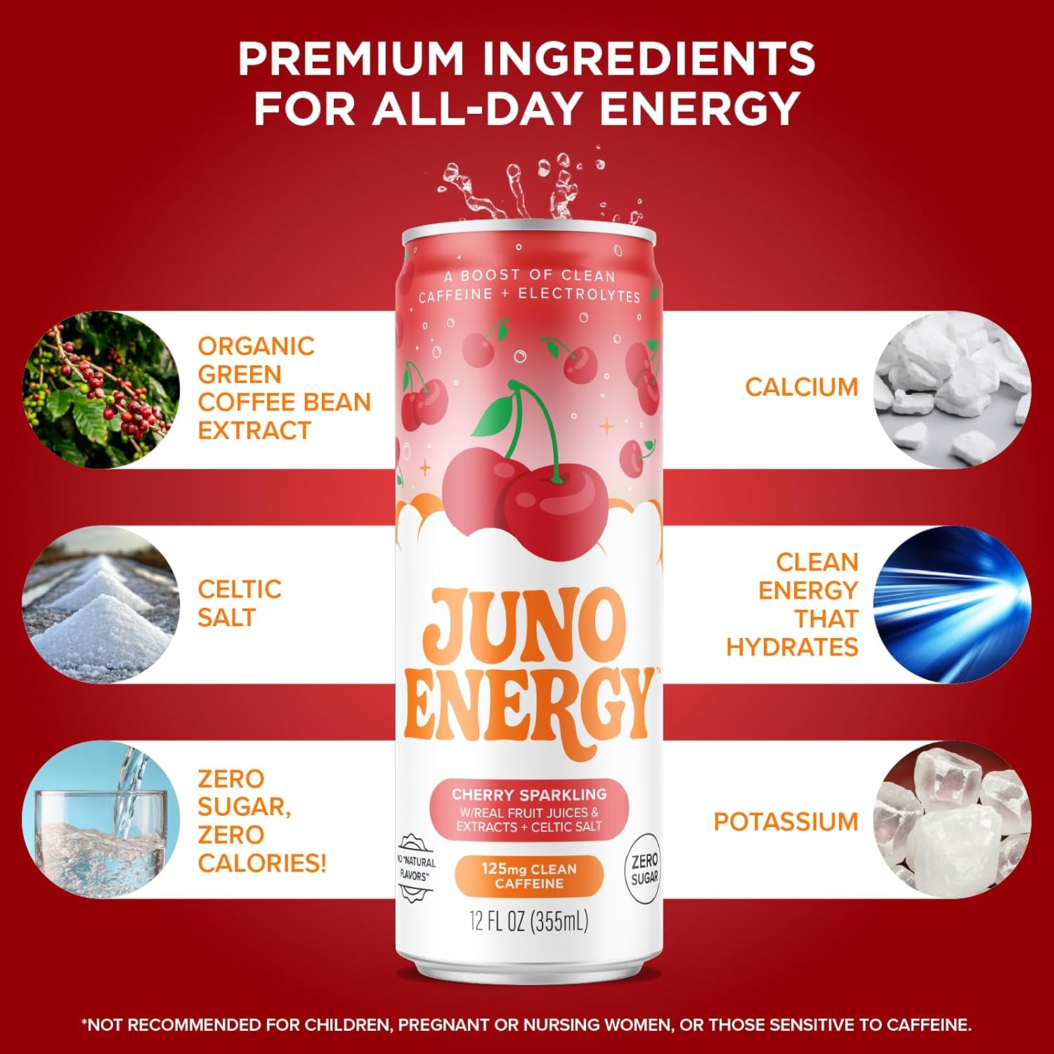 JUNO ENERGY Organic Cherry Sparkling Energy Drink - Sugar Free, Energizing and Hydrating with 125mg Organic Caffeine from Green Coffee Beans, Stevia, Organic Sour and Black Cherry Juice & Electrolytes - Vegan, Gluten Free, 12 Pack