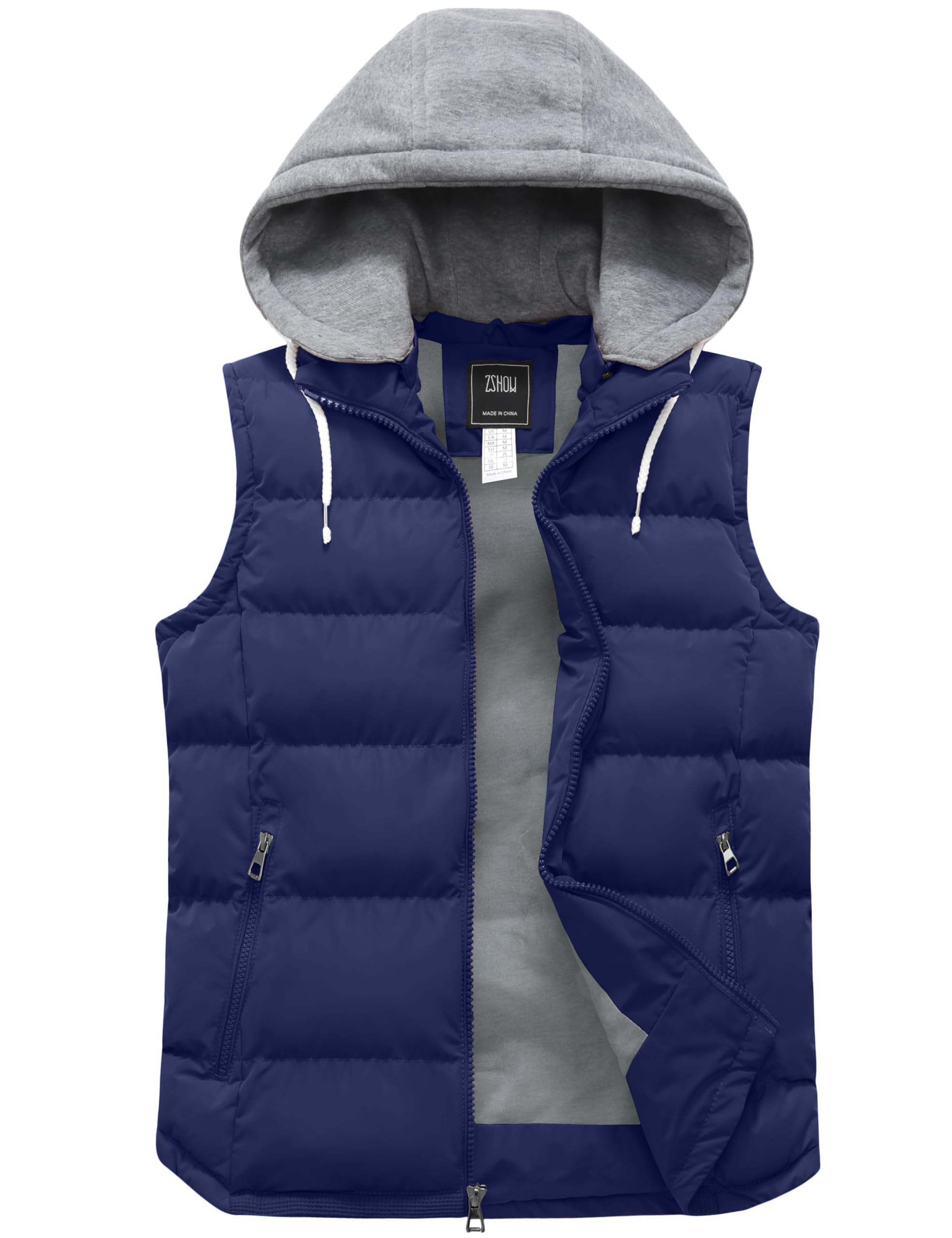 ZSHOW Men's Lightweight Winter Gilets Outdoor Windproof Vest Cotton Padded Gilets Hooded Sleeveless Vest Dark Blue L