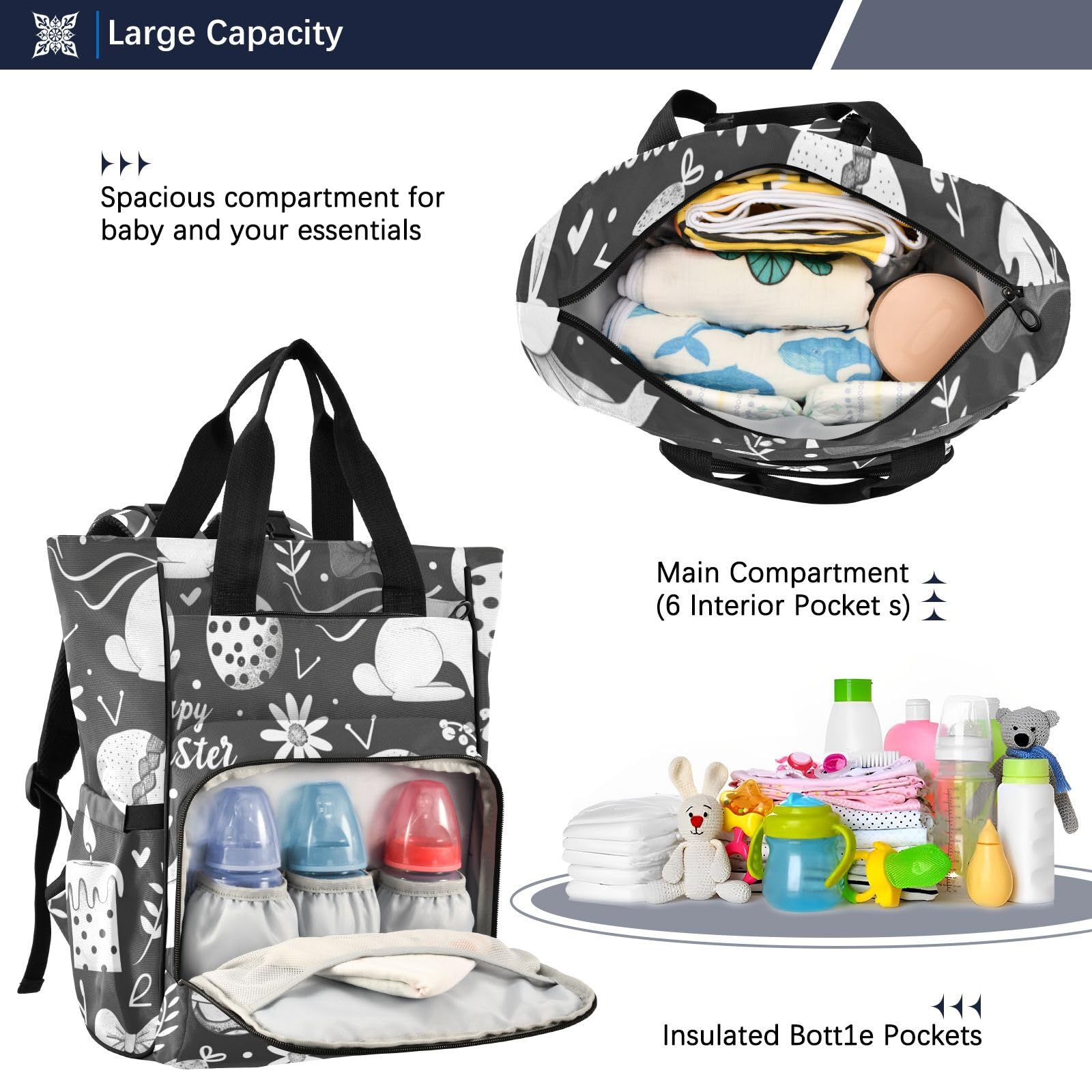 Baby Essentials torba na pieluchy czarny cue zajączki wielkanocne