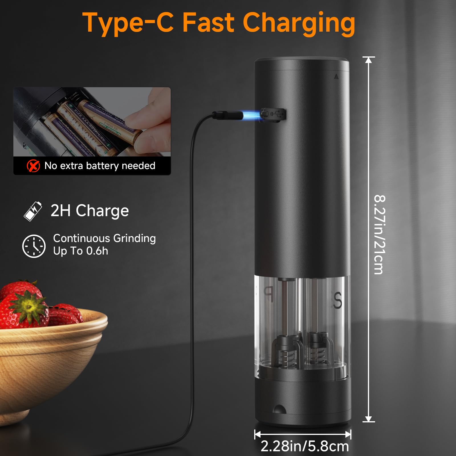 Set Di 2 Macinini Elettrici Per Sale E Pepe Con Luce E Ricarica USB, Regolabili, Capacità 120 Ml - 5