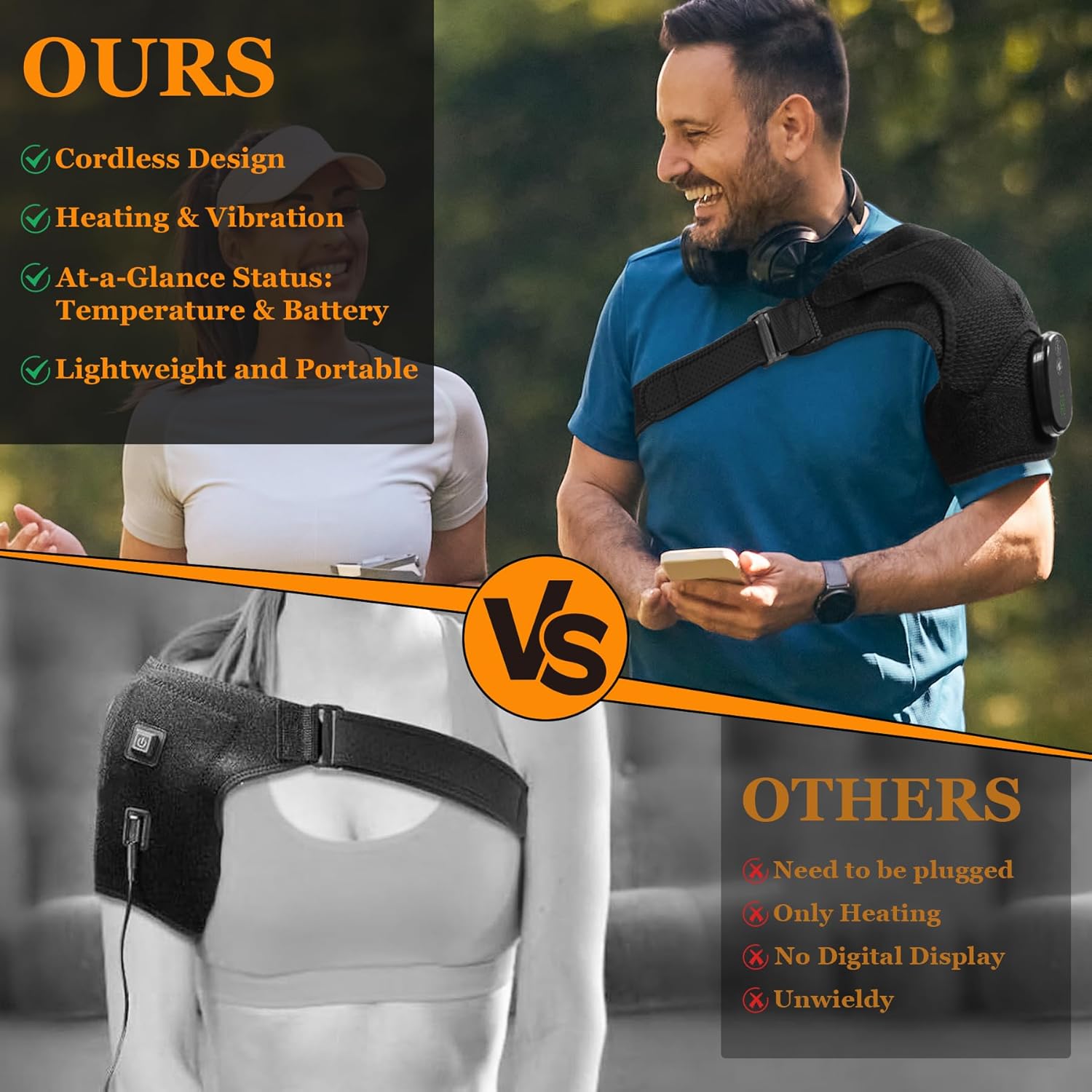 Cordless Shoulder Heating Pad & Massager, Electric Heated Shoulder Brace Wrap, Heating Pads for Rotator Cuff and Frozen Pain Relief,5000mAh Chargeable Powered, Men & Women, Black