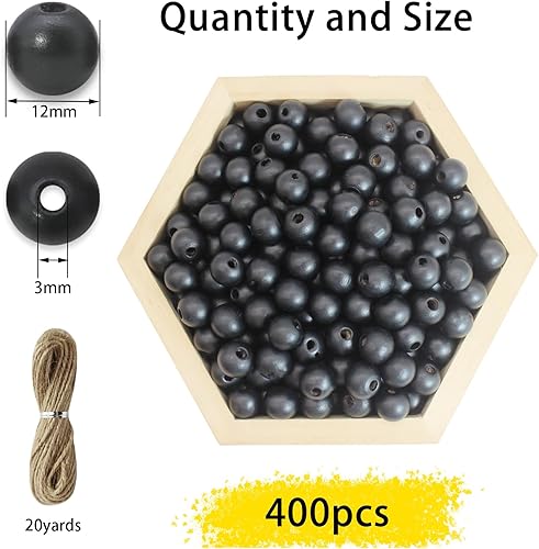 Miniatura 2 de ZH158 - 400 cuentas de madera pintadas en negro de 0.472 in, pulsera espacial redonda para hacer llaveros, manualidades de bricolaje, fabricación de