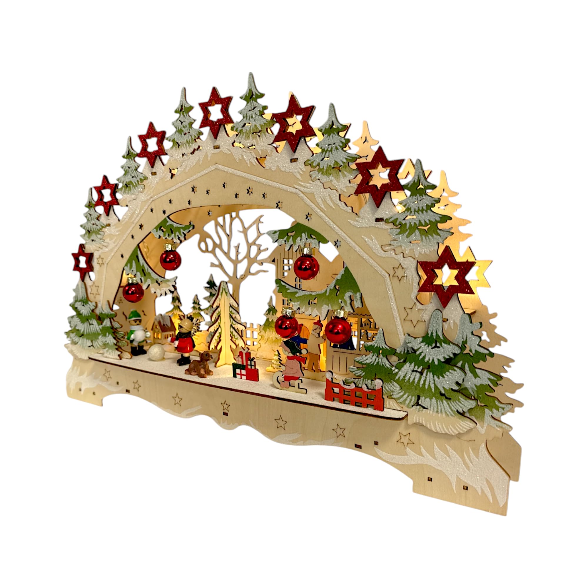 Wichtelstube-Kollektion LED Schwibbogen Weihnachtsmarkt Lichterbogen Weihnachten beidseitig bemalt Schwippbogen Echtholz batteriebetrieben mit integrierten Timer 45cm