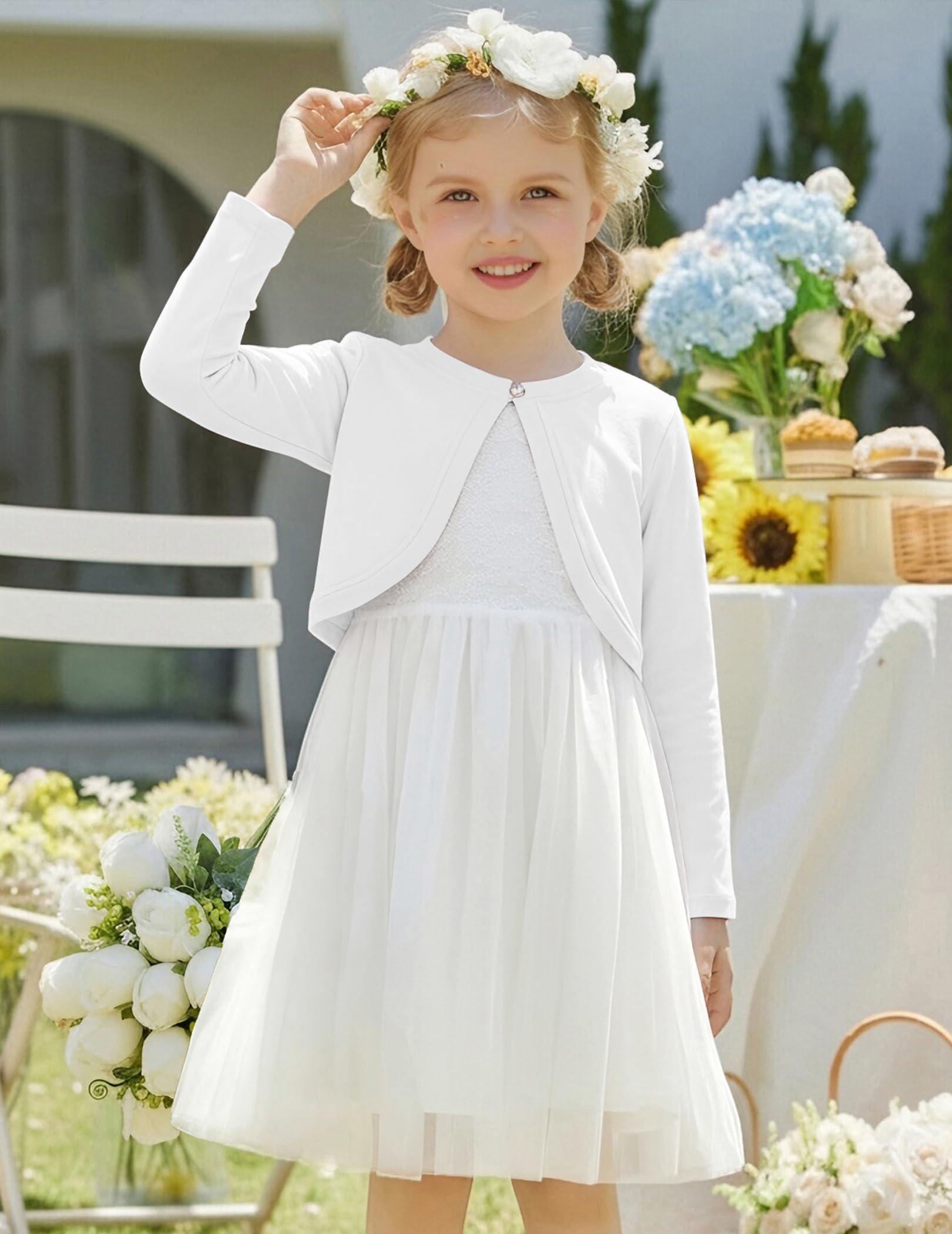 Arshiner Cárdigan para Niña Festivo Bolero de Algodón Chaqueta de Comunión con Botón de Diamante 5-13 años — view 3