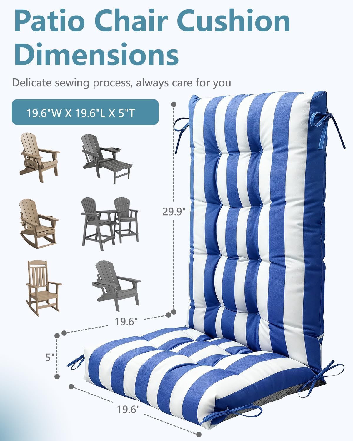 NAVINE Adirondack Chair Cushion Set of 2, Anti-Slip High Back Rocking Chair Cushion with Ties, Water Resistant Patio Chair Cushion for Indoor and Outdoor, Stripe Navy Blue.
