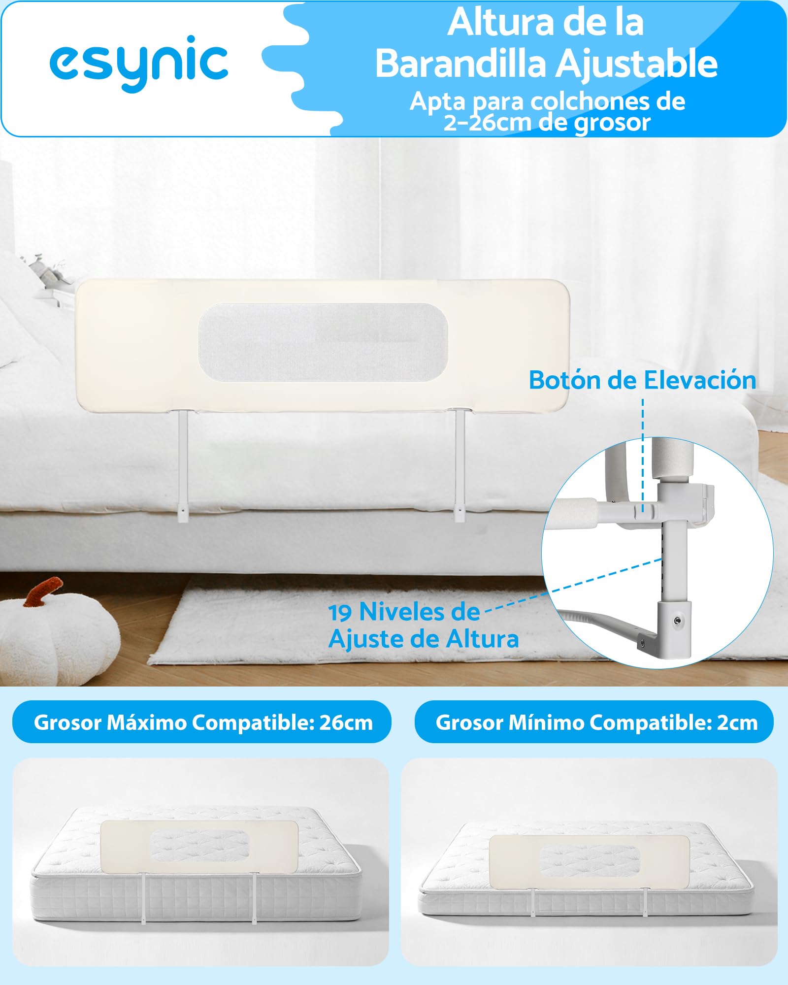 eSynic Barandilla Cama Infantil Plegable 150cm Ajustable en Altura Barrera de Cama para Niños y Bebés Protector de Seguridad Compatible con Camas Individuales Dobles y Grandes Ideal para Viaje y Hotel