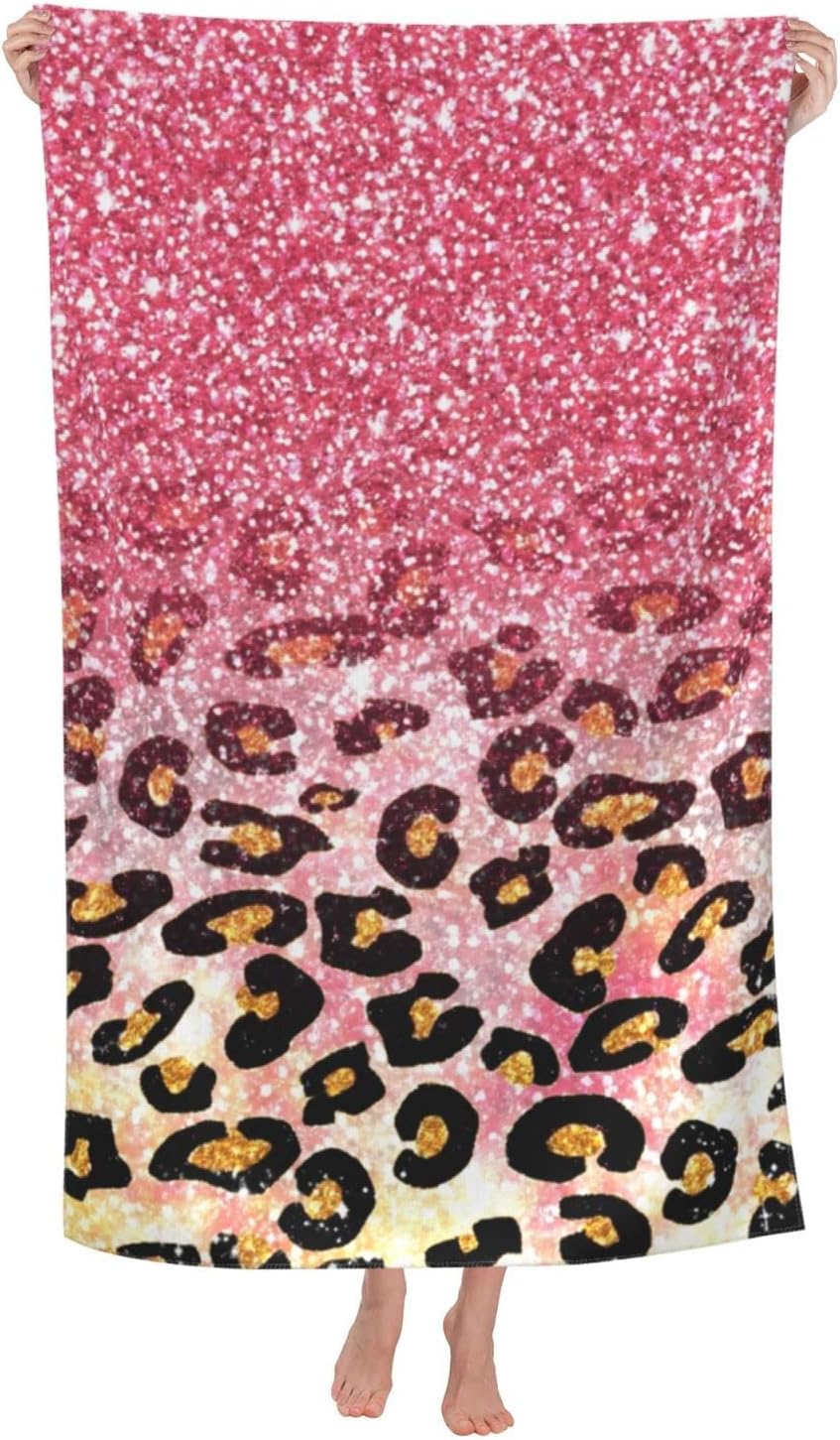 Cute Pink Faux Glitter Leopard Animal Print Beach Towels Oversized Soft High Absorbent Quick Dry Bath Towels Pool Towels Travel Beach Towels for Kids Adults