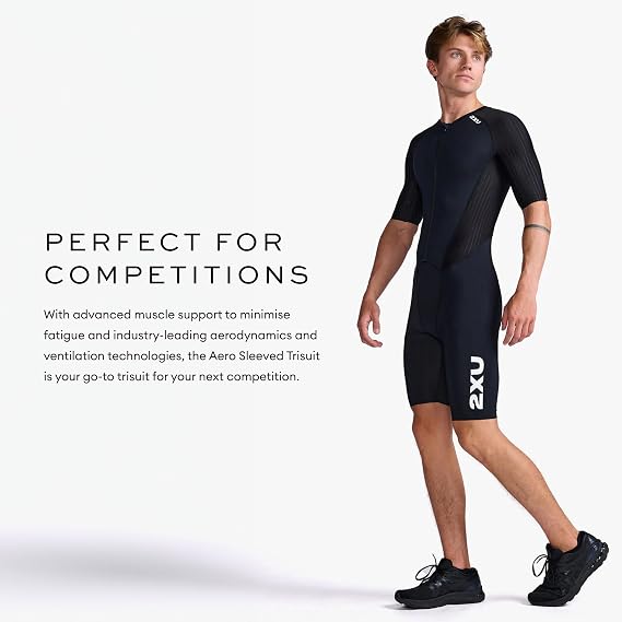 2XU Men's Trisuit Aero Sleeved Front Zip - Performance Triathlon Suit for Muscle Support