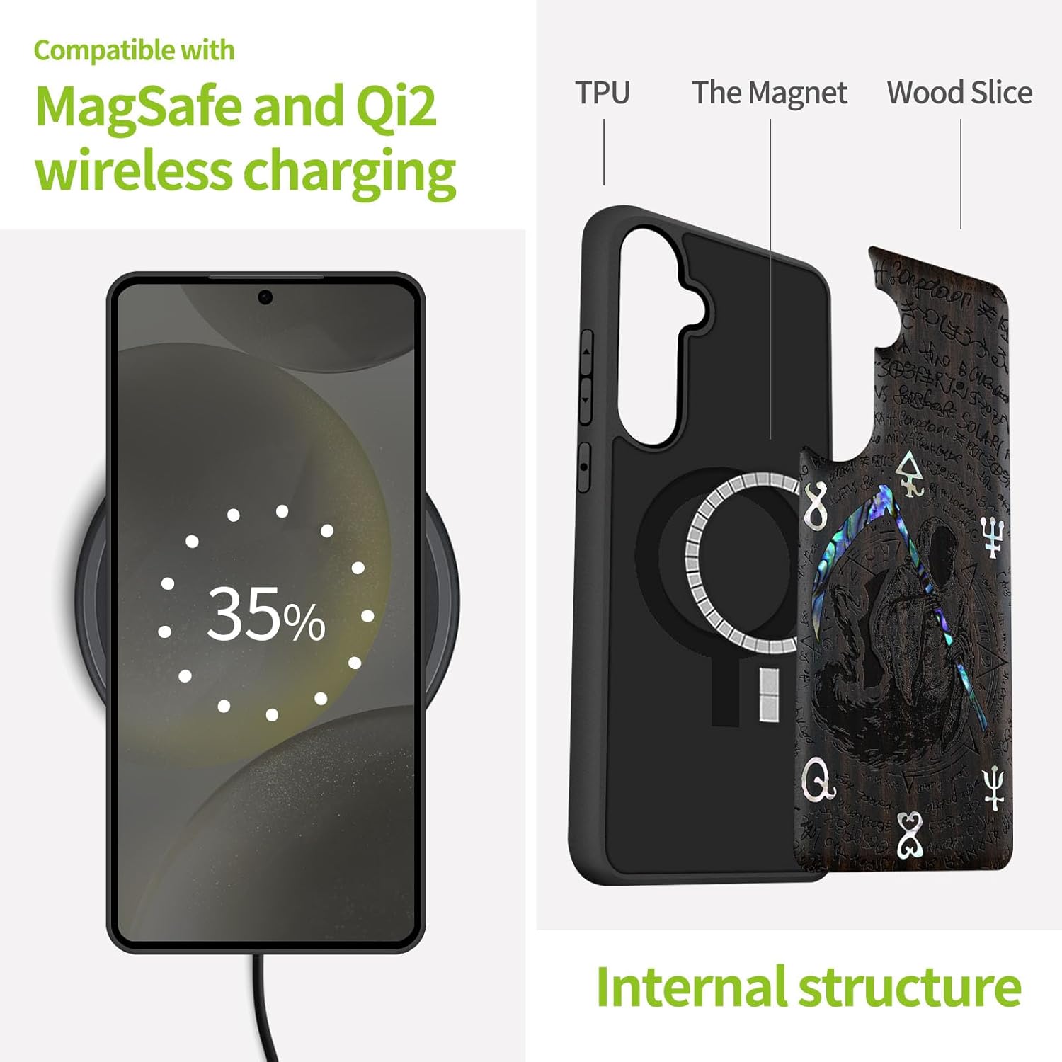 Carveit Magnetic Wooden Case for Galaxy S25+ / S25 Plus Case, Wood Artisan Engraved & Handmade Shell Inlaid, Compatible with MagSafe Wireless Chargers (The Grim Reaper of Carved) Blackwood