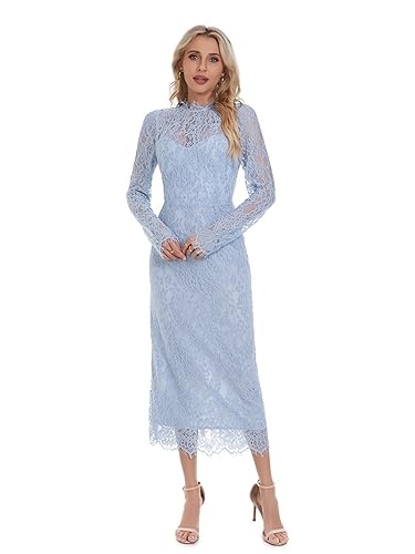 Women's Long Sleeve Lace Floral Wedding Guests Dress Elegant Cocktail