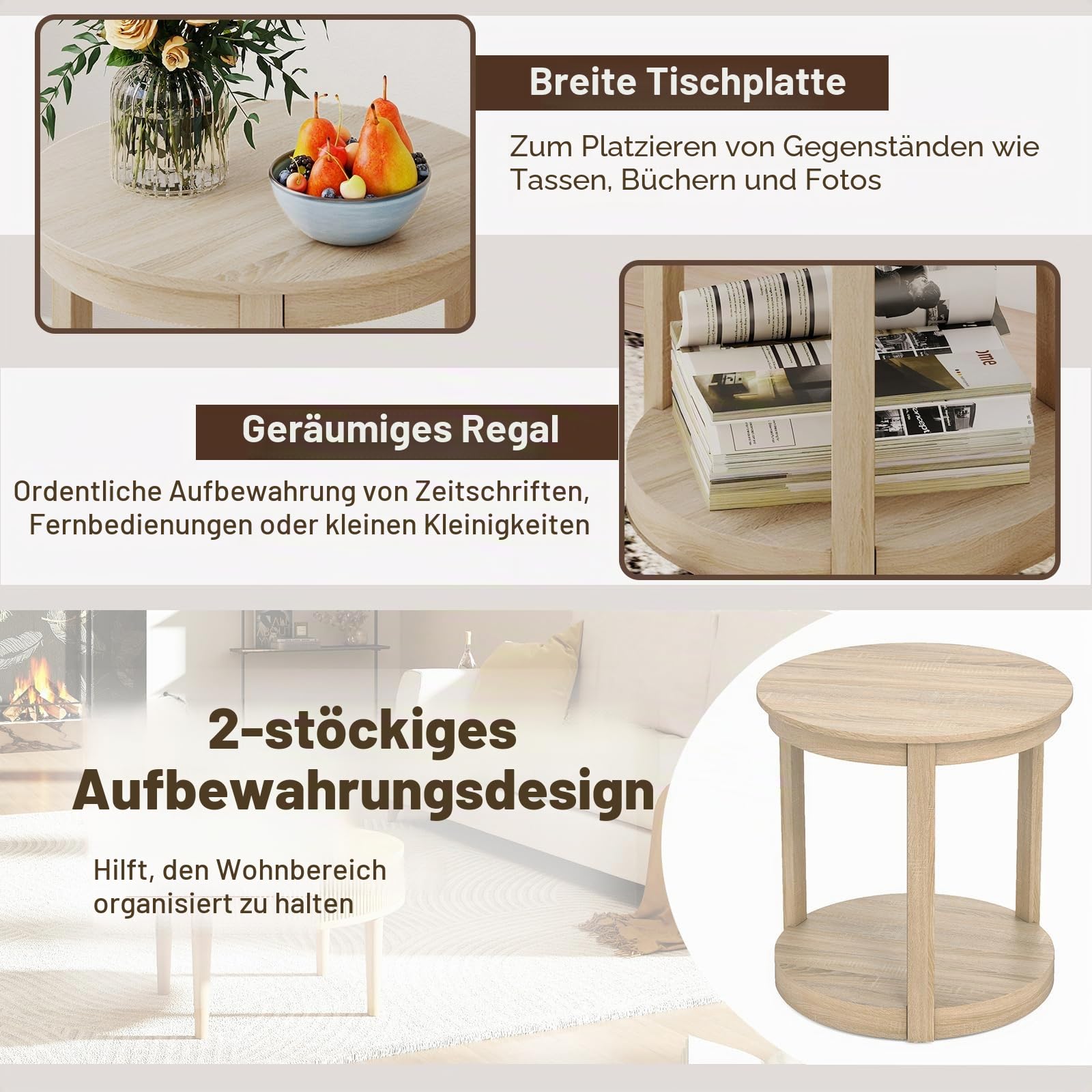 LIFEZEAL Kleiner Couchtisch, Wohnzimmertisch Holz mit 2 Ebenen für Wohnung, Runder Beistelltisch mit Ablagefach, Kaffeetisch Telefontisch für Wohnzimmer (Eiche)
