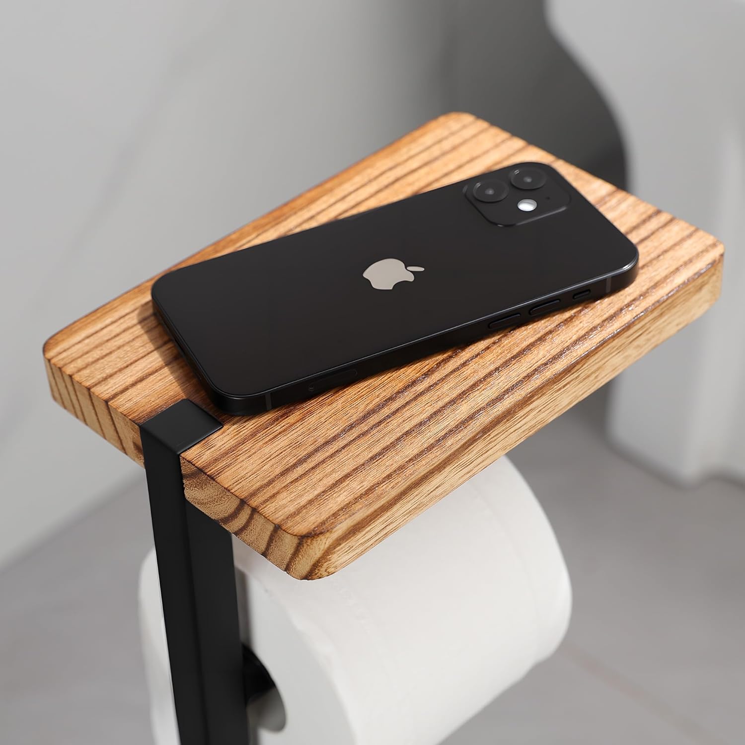 YIGII Toilet Roll Holder Stand with Shelf-Rustproof Metal Toilet Paper Stand for 3 Rolls with Anti-Slip Base and Wood Shelf for Phone or Small Items, Bathroom Organizer and Storage, Black