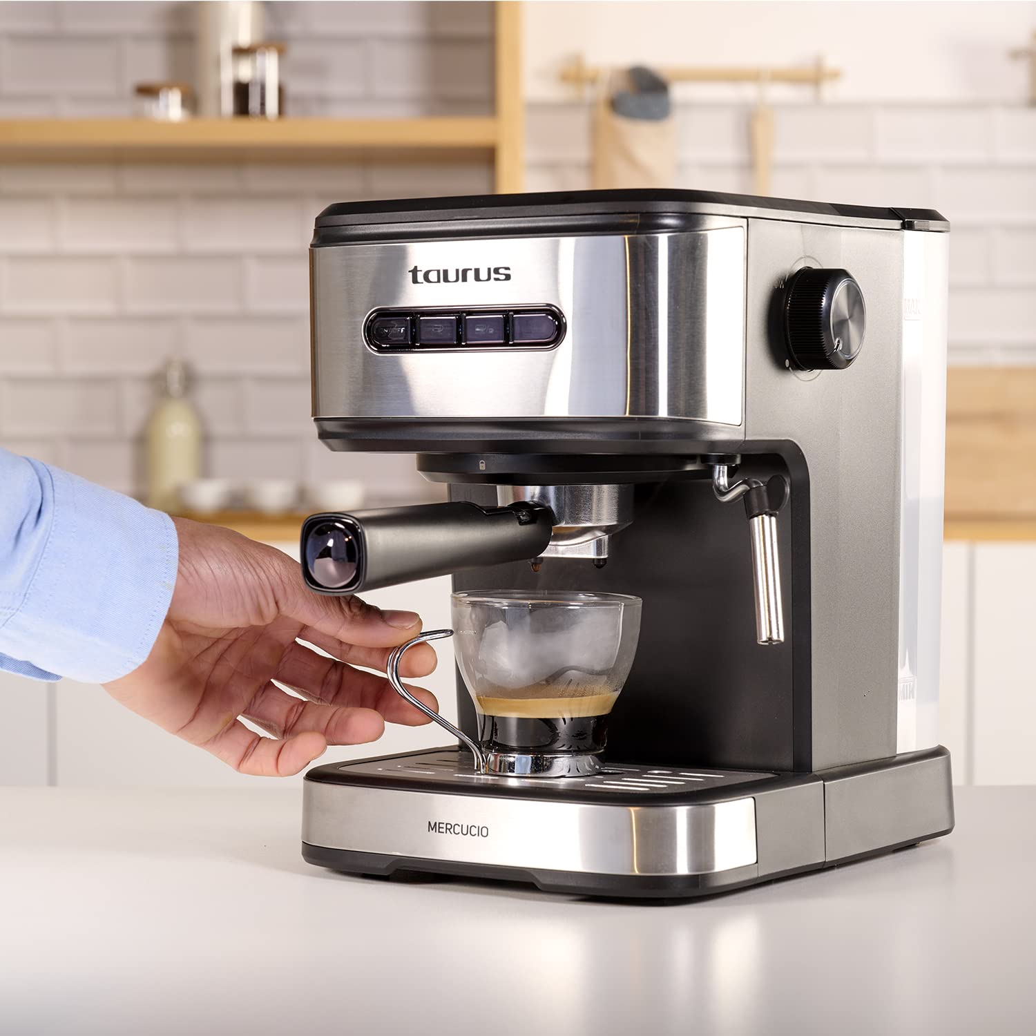 Taurus Mercucio - Cafetera espresso 20 Bar, programable, parada automática, 850W, BPA free, apagado automático, 1.50L, vaporizador, sistema extra-cream