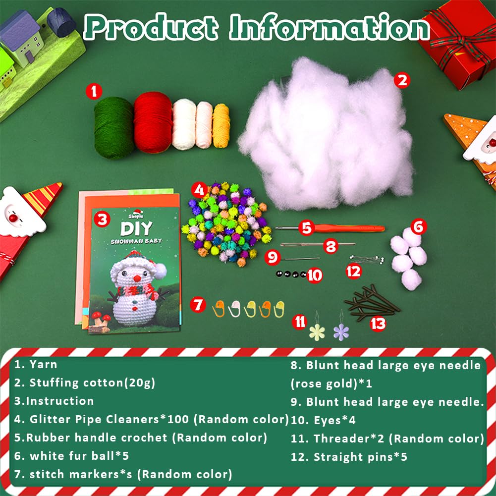 SUNNYCLUE Christmas Crochet Kits Crochet Beginner Kit Winter Xmas Snowman Crochet Starter Kits Step-By-Step Video Tutorials Instruction Crochet Kit for Beginners Adults Women Holiday DIY Craft Gifts - Image 3