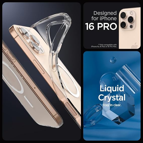 Spigen Apple iPhone 16 Pro ile Uyumlu ince MagSafe Kılıf Liquid Crystal Sararmaya Dayanıklı DuraClear™ Hava Kanalı Teknolojisi™ Askeri Sınıf Koruma MagFit Crystal Clear Şeffaf Kapak - ACS08389