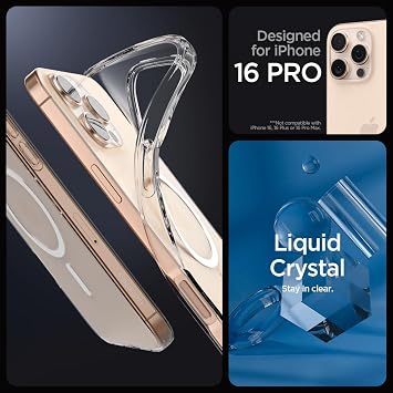 Spigen Apple iPhone 16 Pro ile Uyumlu ince MagSafe Kılıf Liquid Crystal Sararmaya Dayanıklı DuraClear™ Hava Kanalı Teknolojisi™ Askeri Sınıf Koruma MagFit Crystal Clear Şeffaf Kapak - ACS08389