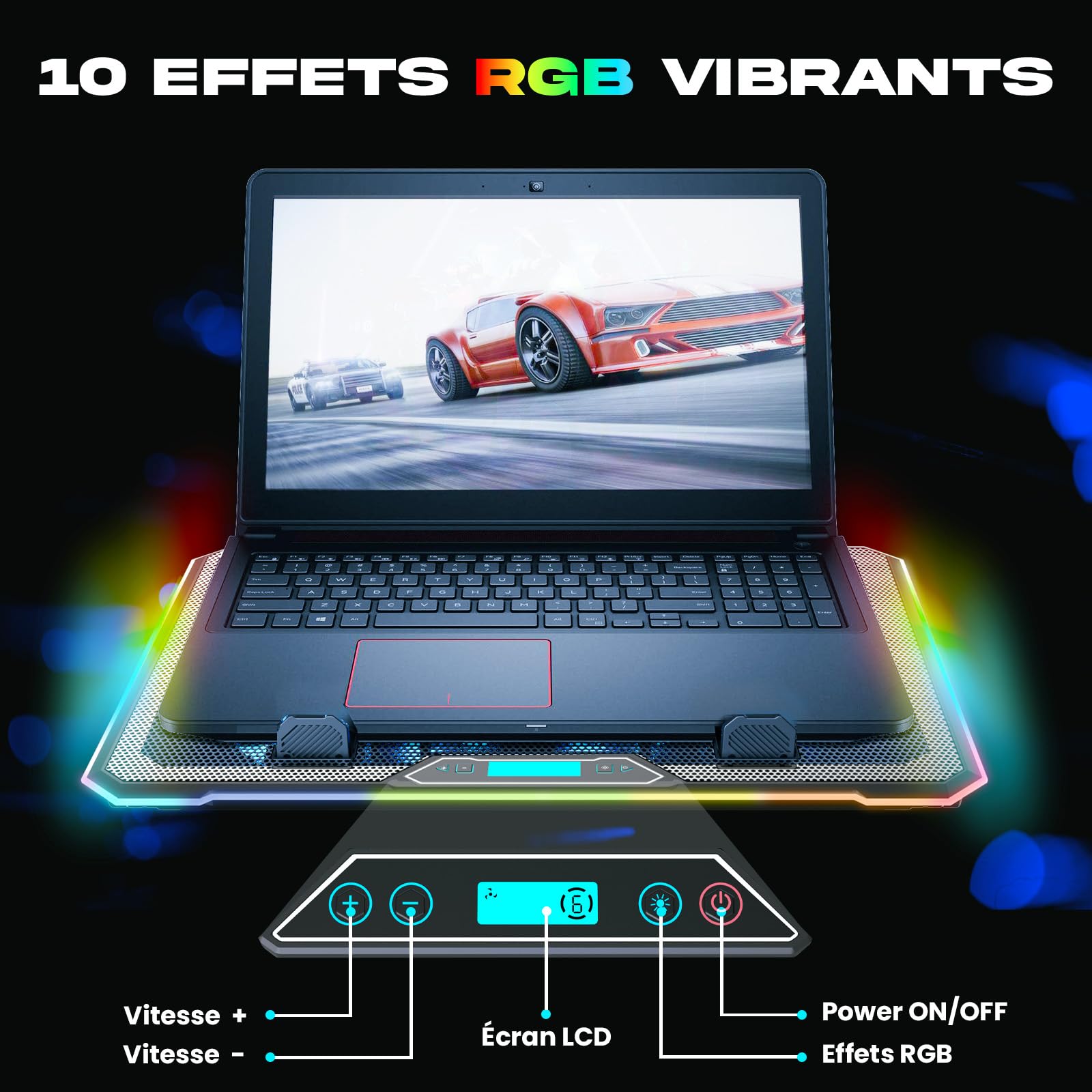 KLIM V15 Refroidisseur PC Portable + 15 Ventilateurs RGB + Ventilateur PC Portable + Support Pc Portable Gaming 10-17 Pouces + 2 Ports USB + Porte-Smartphone + Protection 5 Ans