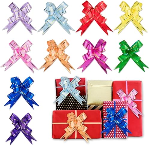 ALIBBON 100 lazos para cestas de regalo, decoración de envoltura de regalos de Navidad de 10 colores, lazo de borde dorado con cinta, lazo grande