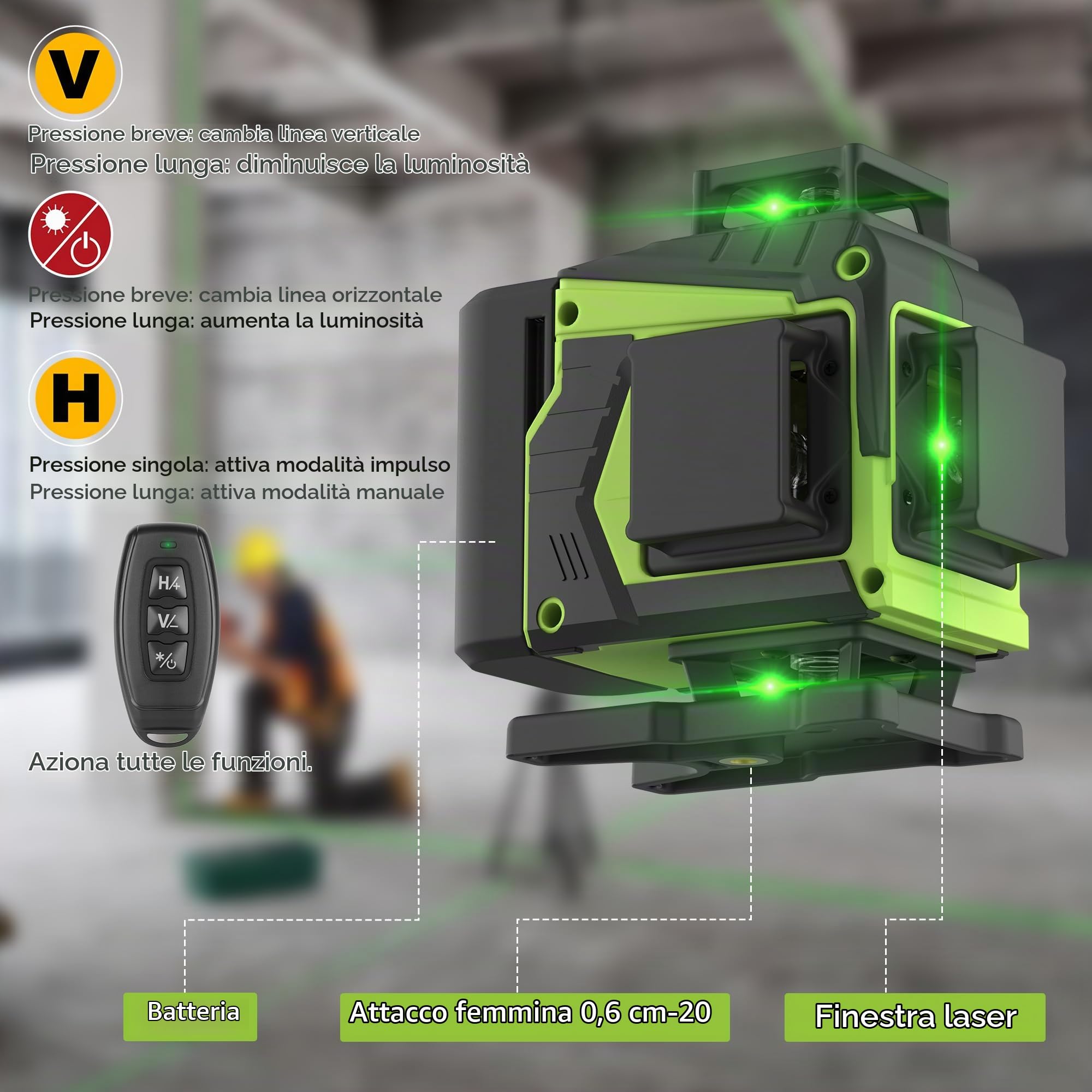 Vincona Livella Laser Autolivellante 16 Linee, 4 X 360 °Livello Laser Autolivellante Verde, ±3° Livellamento Automatico, con 2 x Batterie, Telecomando