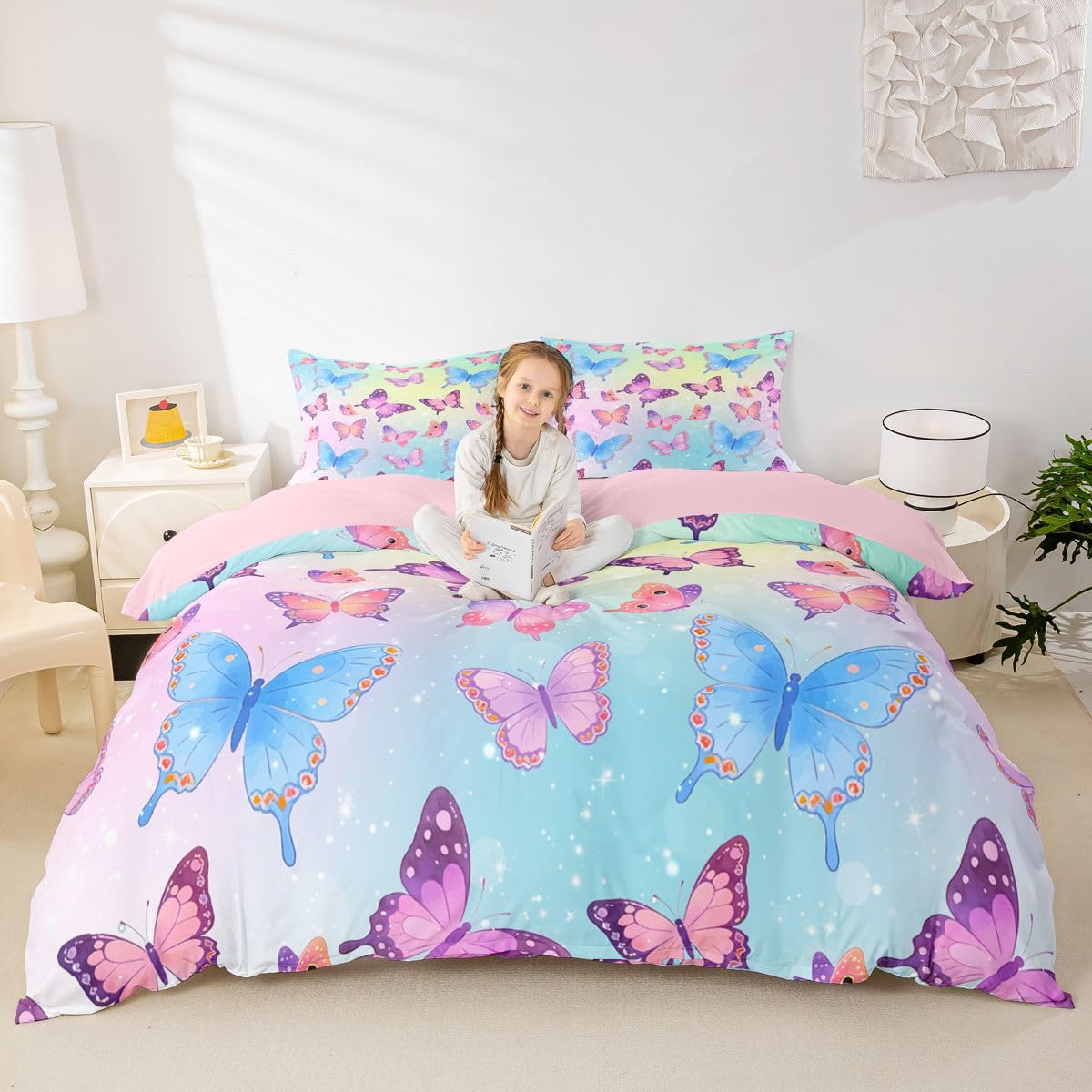 Homewish Set di biancheria da letto super king size per bambini, ragazzi e adulti, con copripiumino con farfalle blu e viola, elegante set di biancheria da letto sfumato con stelle