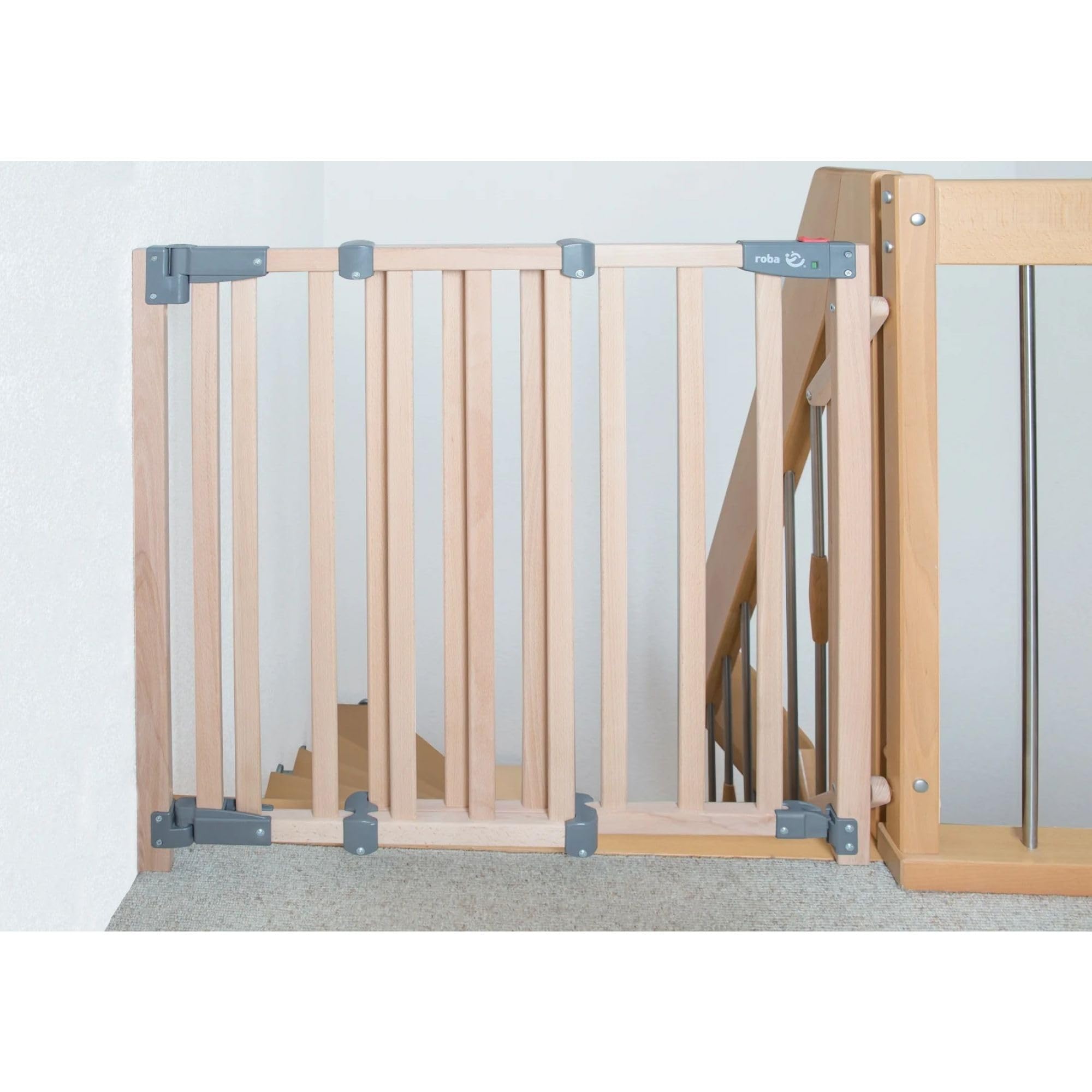 roba Cancelletto di Sicurezza per Scale "Safety Up", con Indicatore Visivo, Massello di Faggio, 93,5-120,5 cm, Legno Naturale